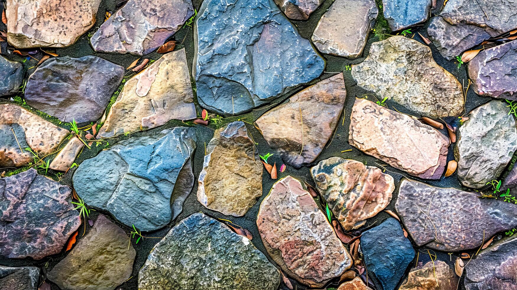 AI Generated Multicolored cobblestone texture with green plant accents photo