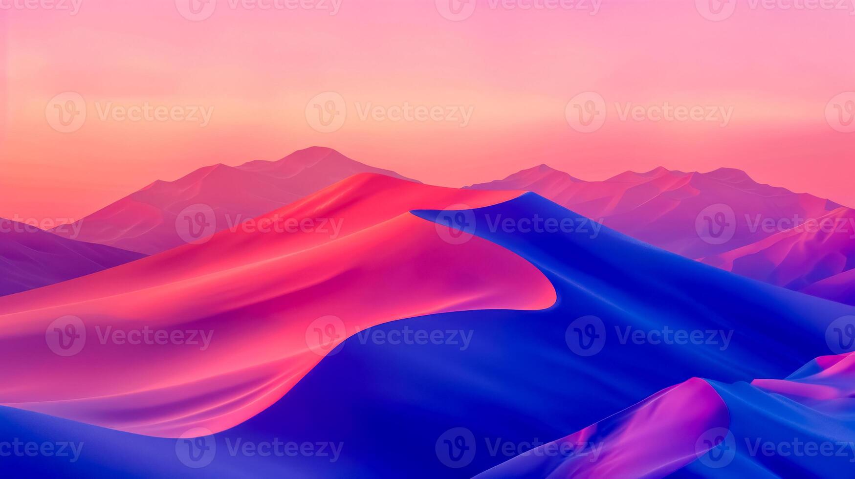 AI Generated Vibrant, surreal colors blanket a tranquil desert landscape at dusk photo