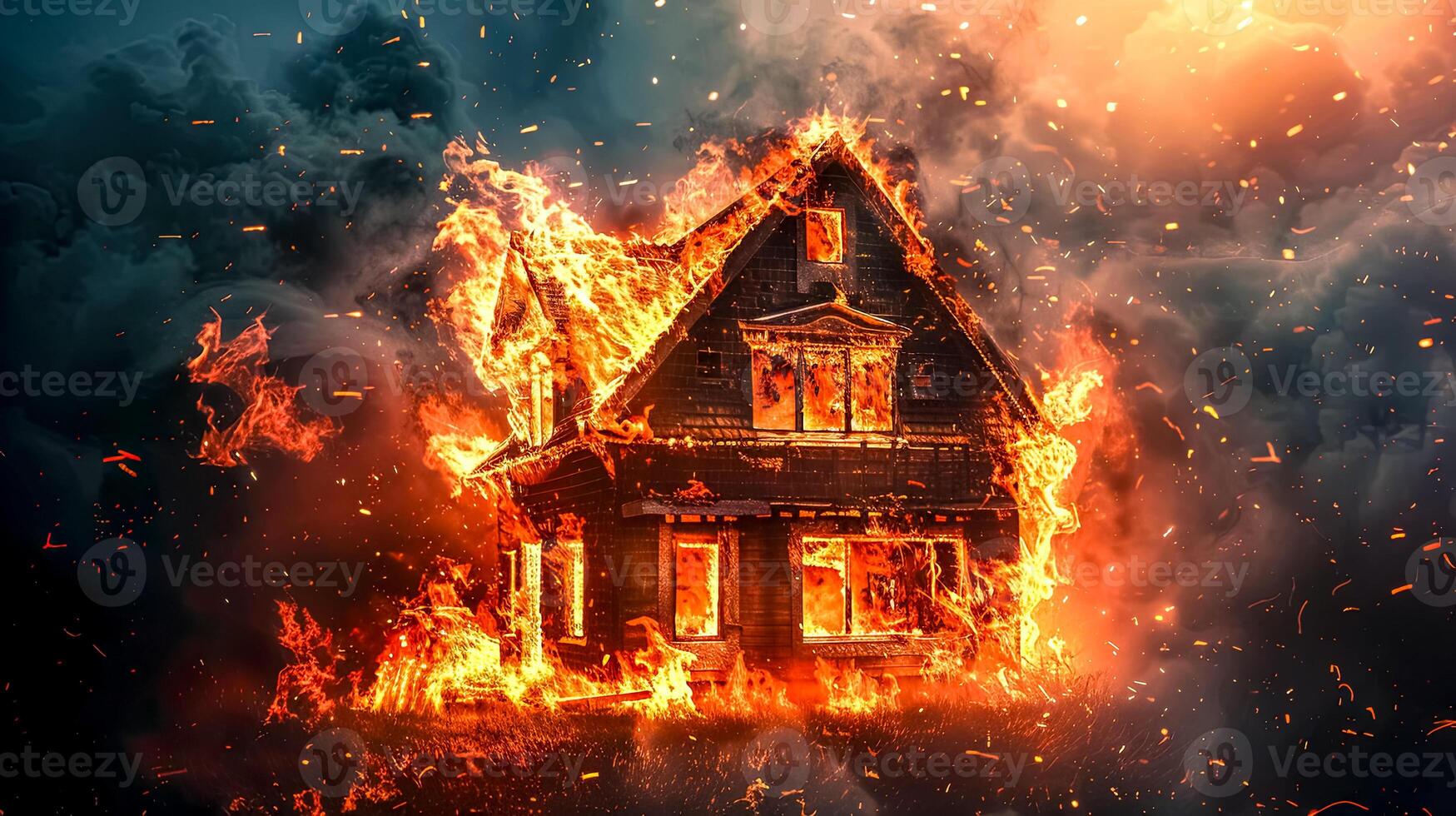 AI Generated Intense house fire at night photo