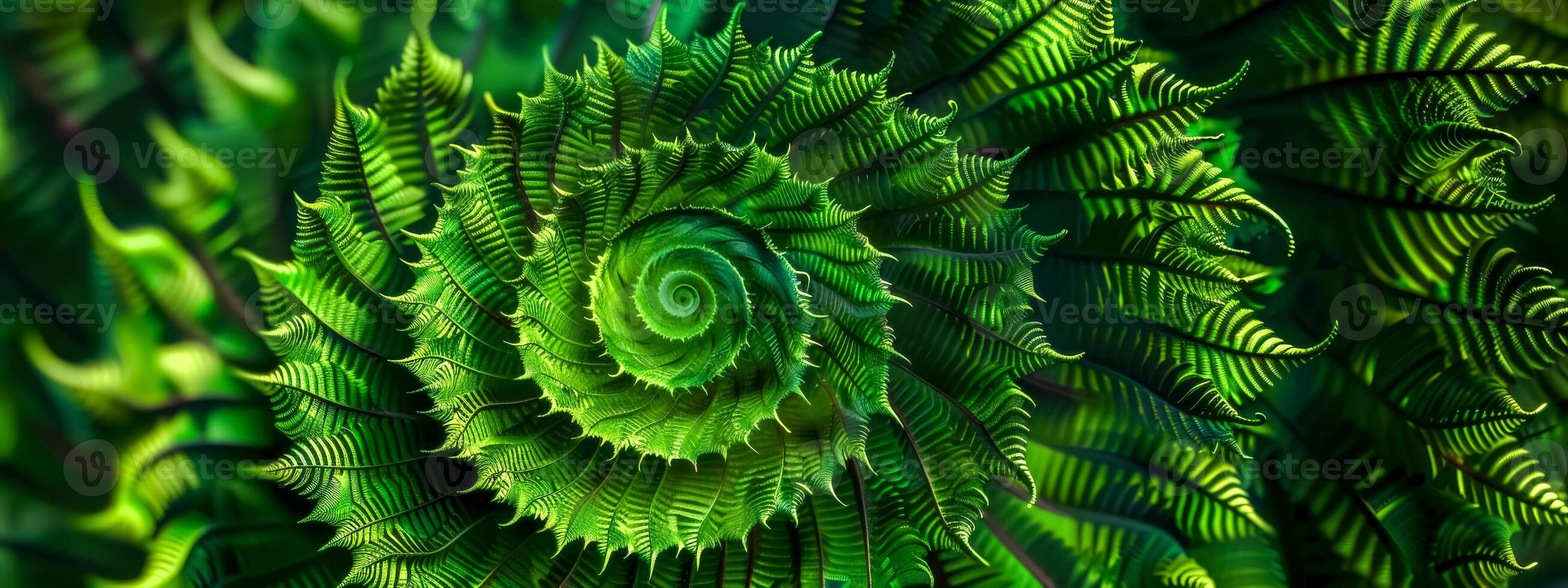 AI Generated Lush green fern spiral close-up photo