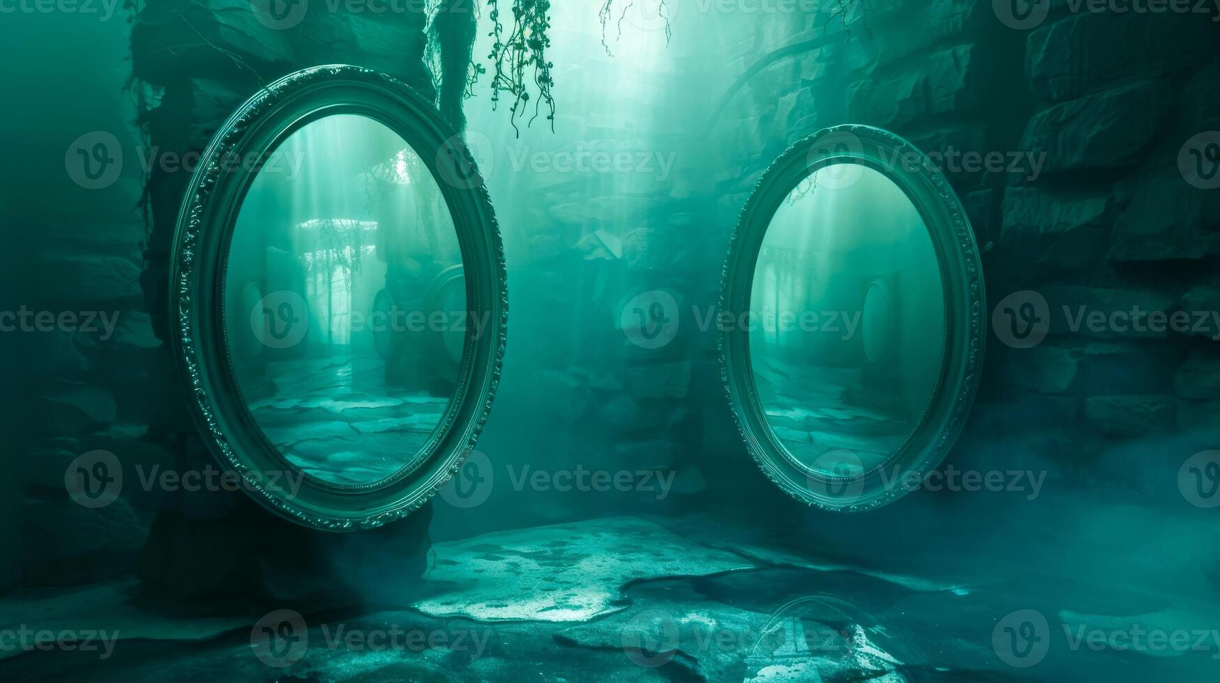 AI Generated Mysterious mirrors in foggy forest scene photo