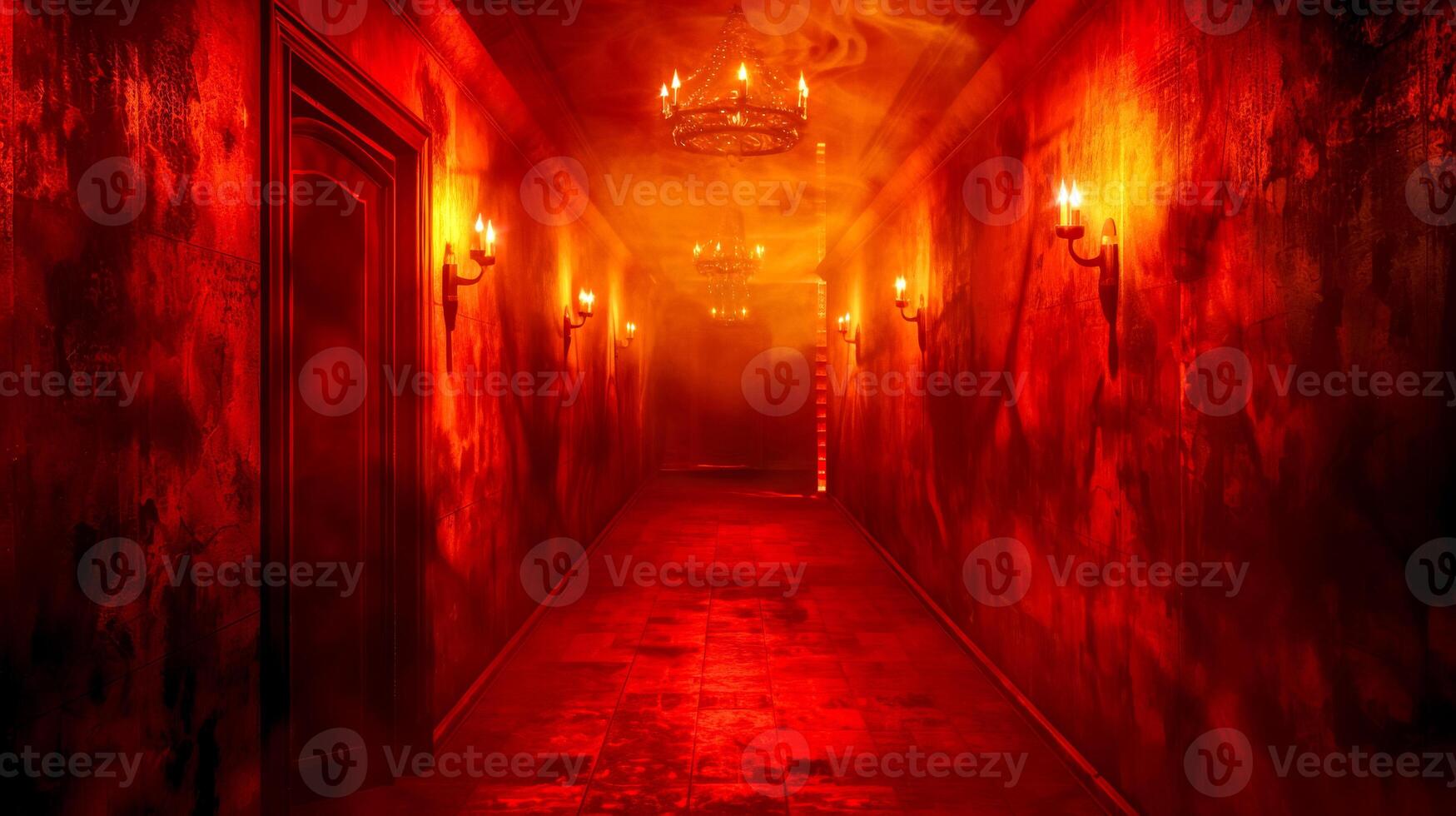 AI Generated Haunting red corridor with eerie lighting photo