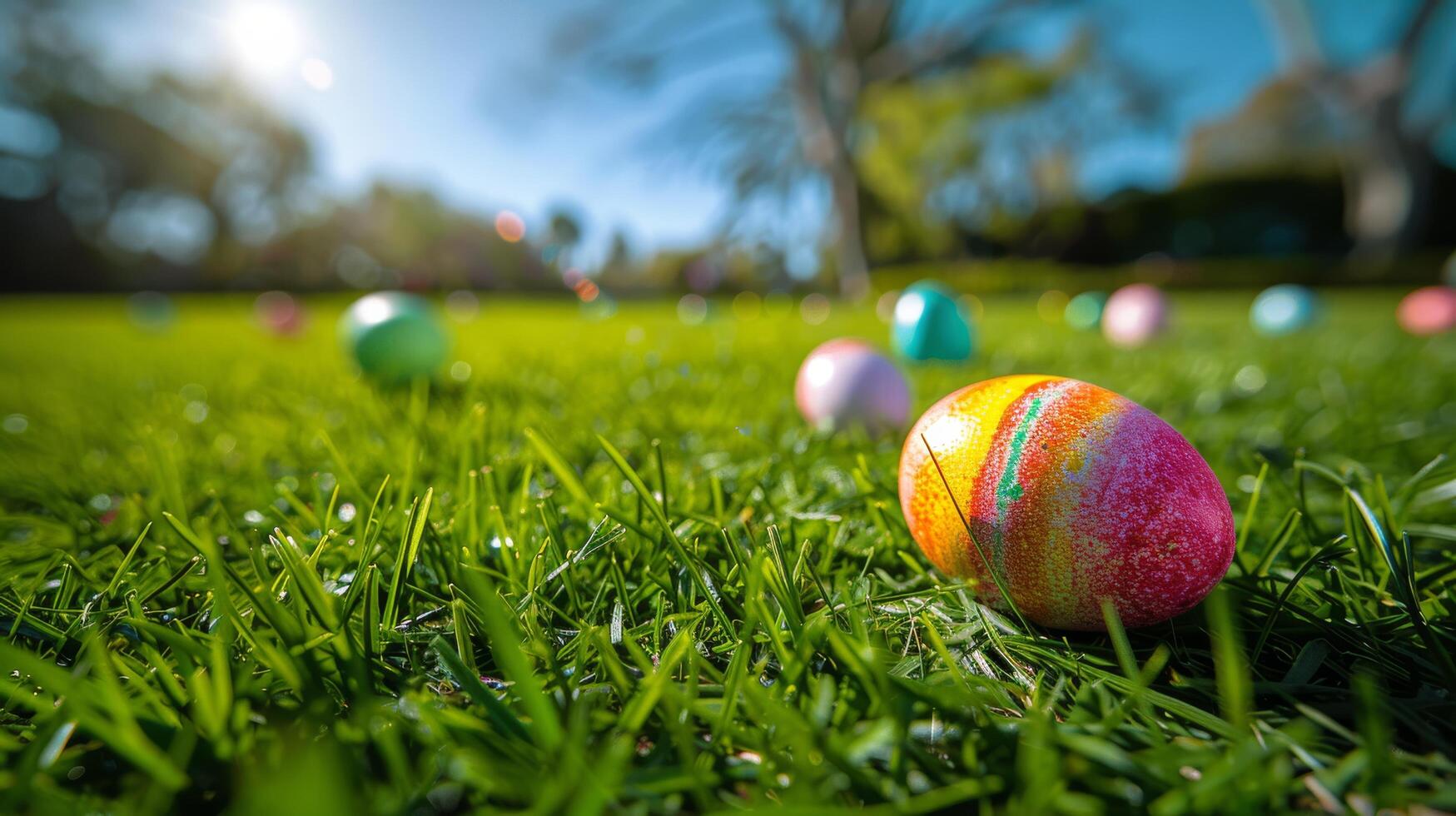 AI generated Orange and Blue Ball on Lush Green Field photo