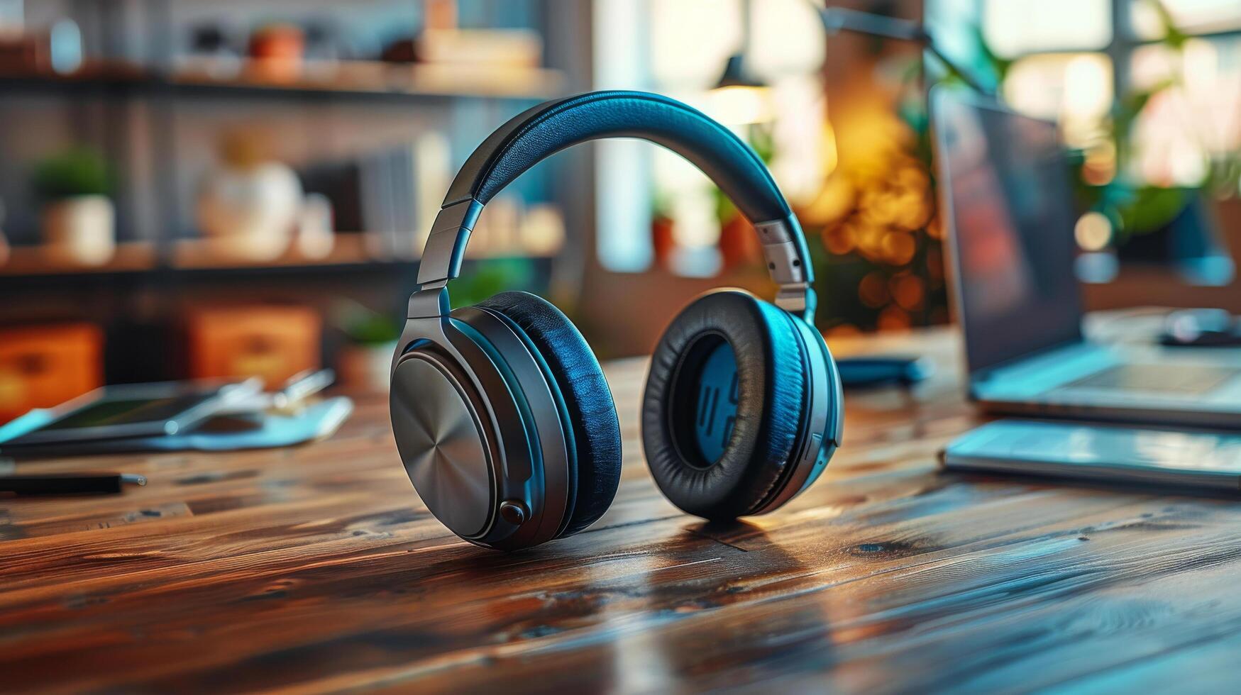 AI generated Headphones Resting on Wooden Table photo