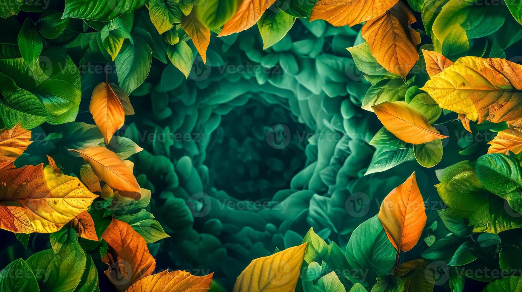 AI Generated Enchanted forest tunnel framed by autumn leaves photo