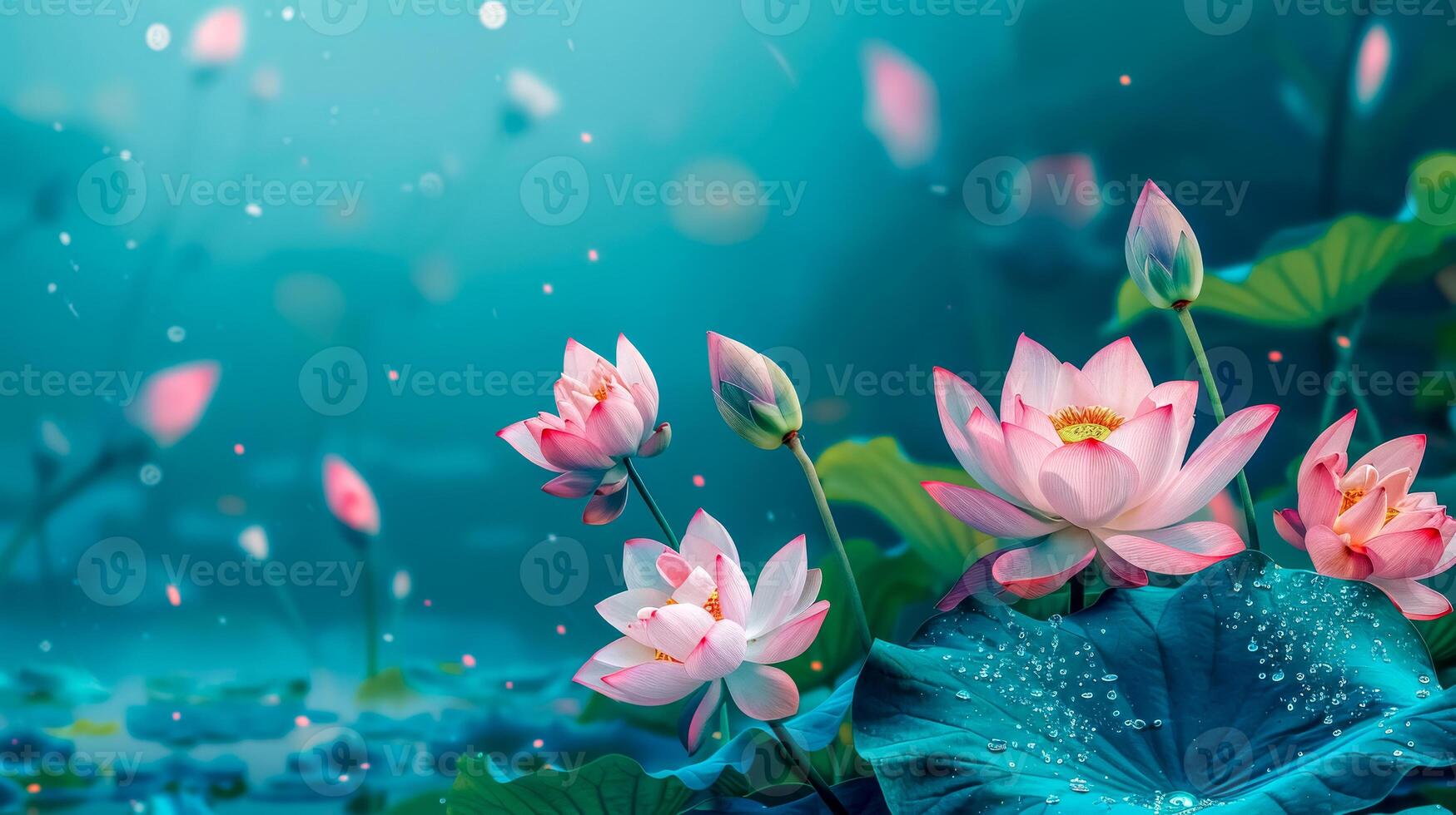 AI Generated Tranquil lotus pond at twilight photo