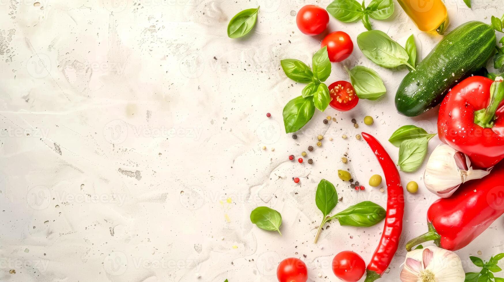 AI Generated Fresh vegetables and herbs on marble background photo