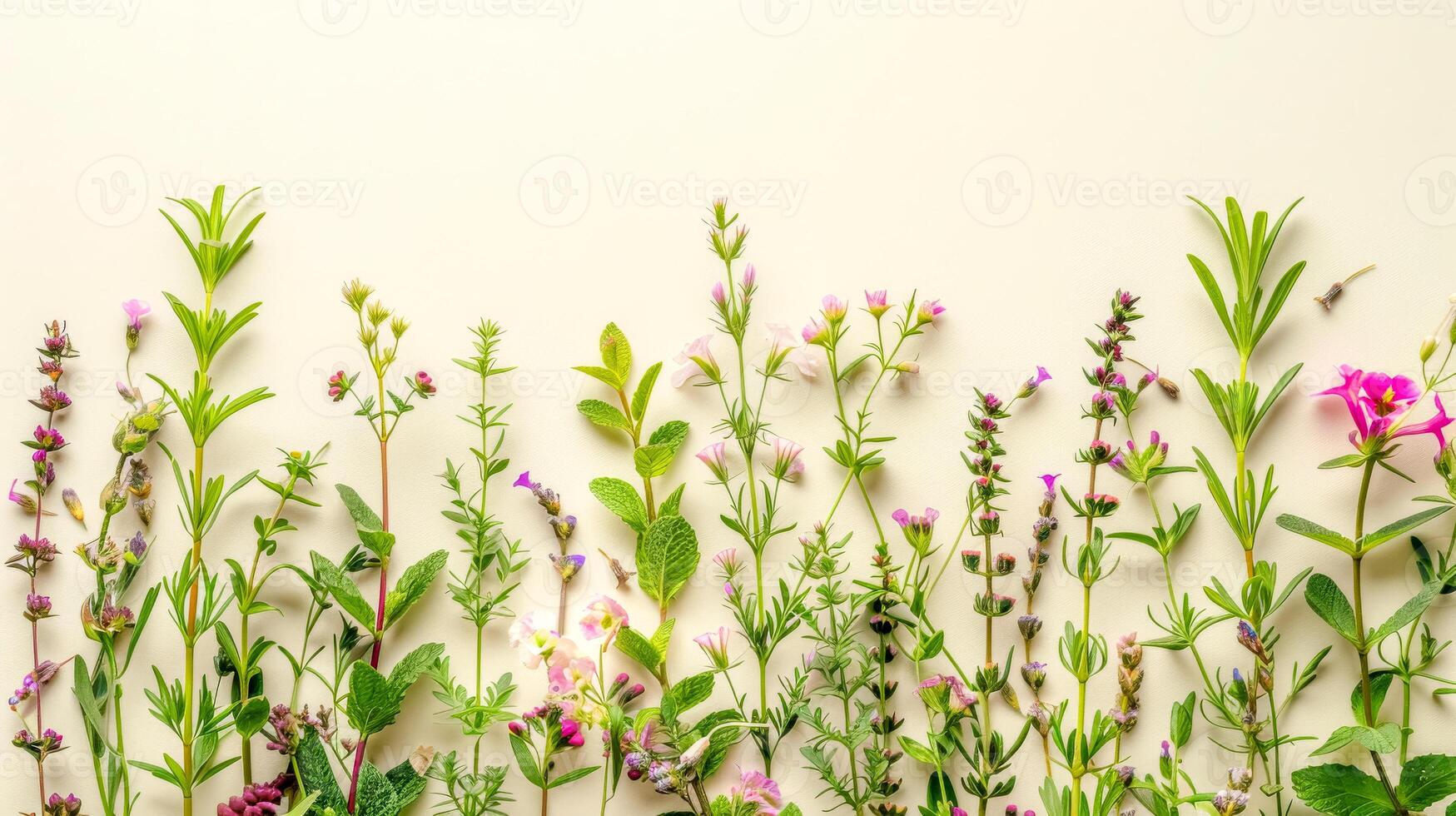 AI Generated Spring wildflower flat lay on pastel background photo