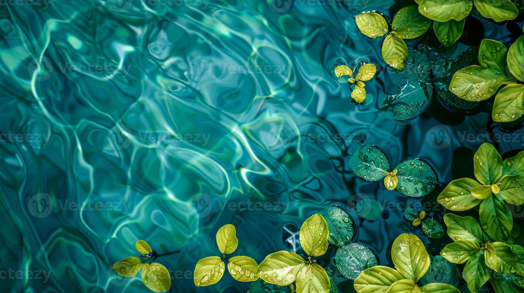 AI Generated Tranquil water surface with floating green leaves photo