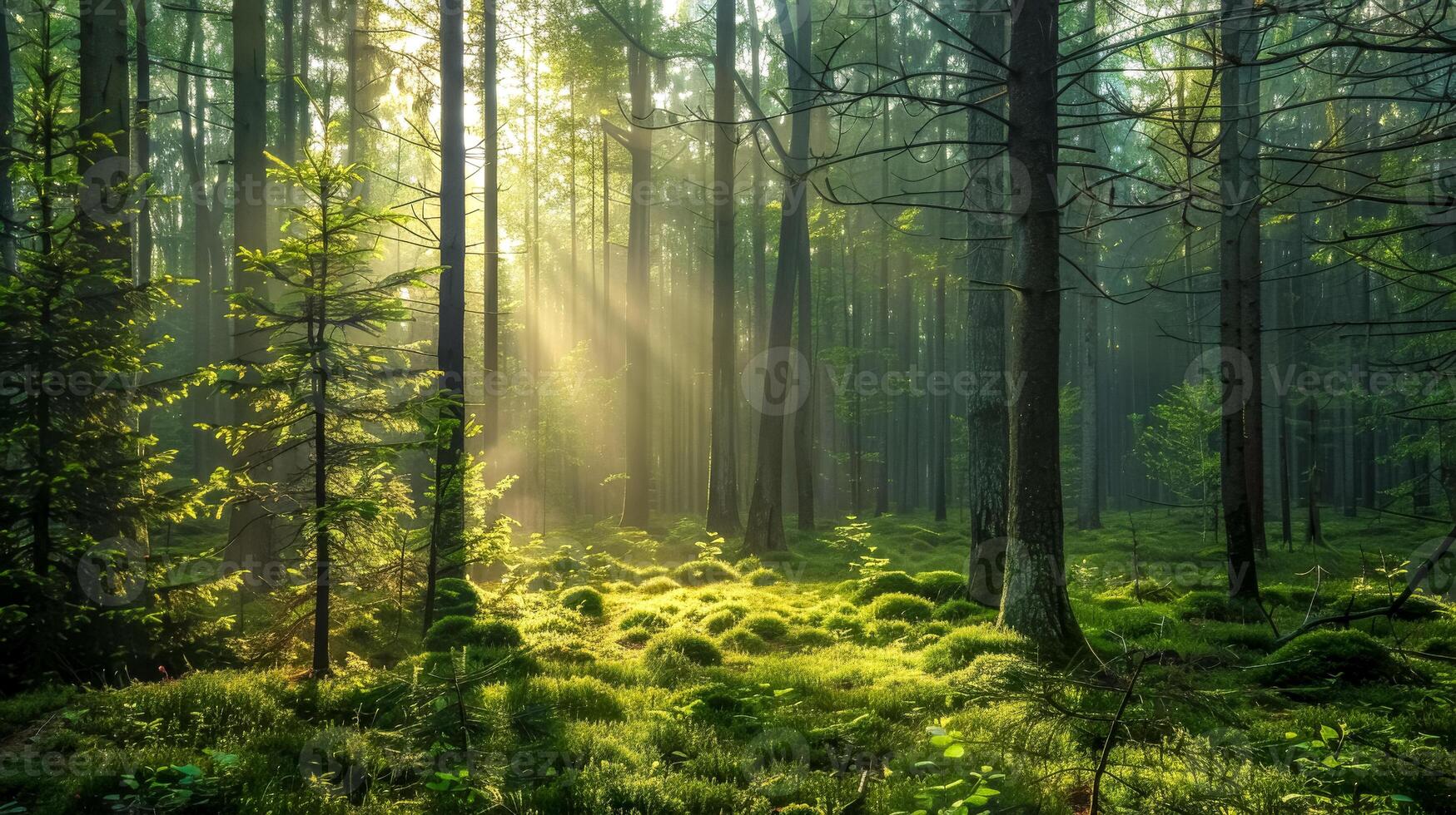 AI Generated Enchanted forest sunbeams at dawn photo
