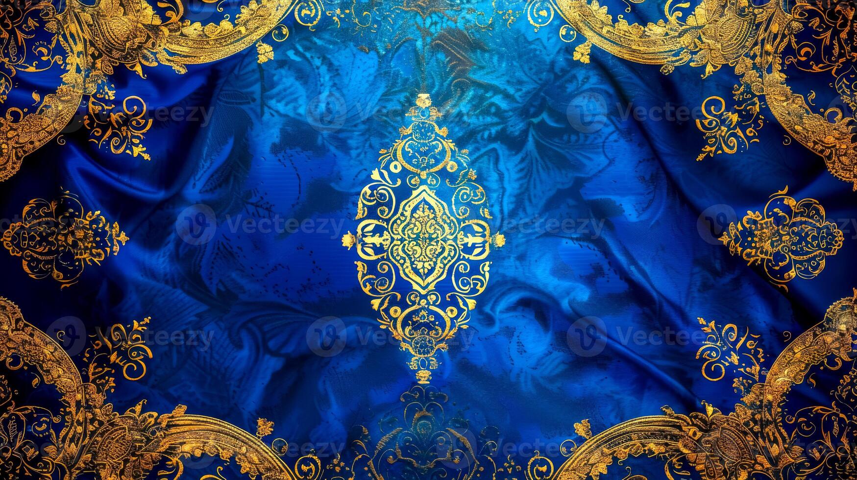 AI Generated Luxurious royal blue damask curtain background photo