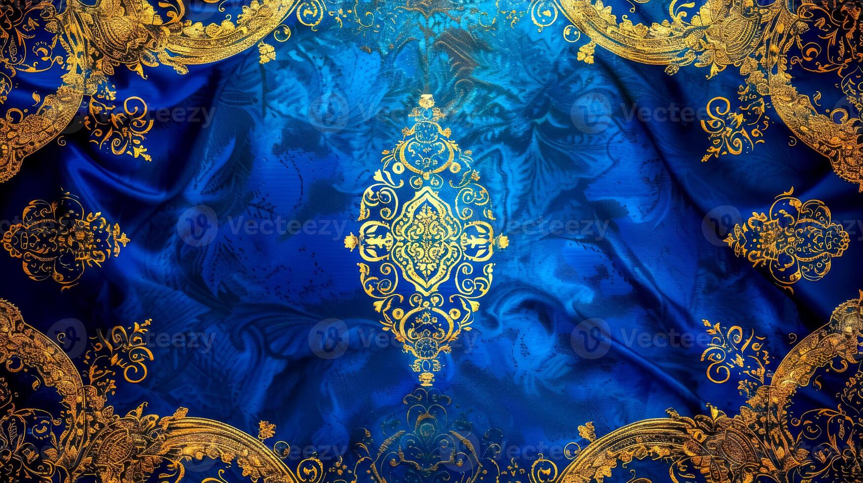 AI Generated Luxurious royal blue damask curtain background photo