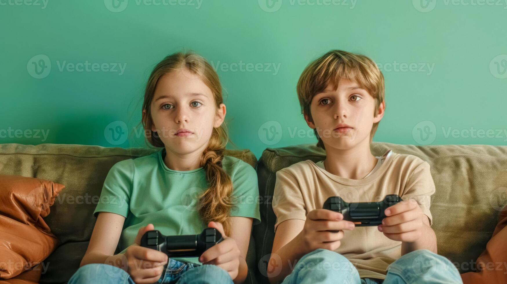 AI Generated Young gamers playing video games on couch photo