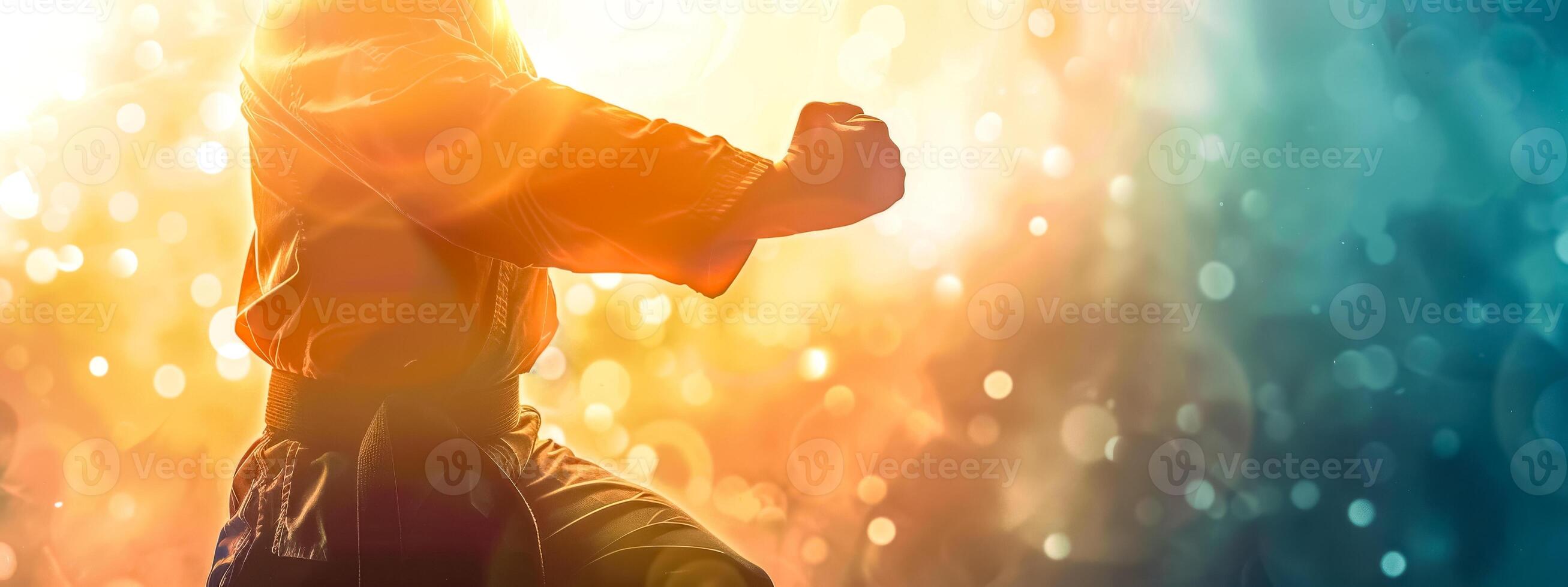 AI Generated Martial artist in powerful stance at sunset photo