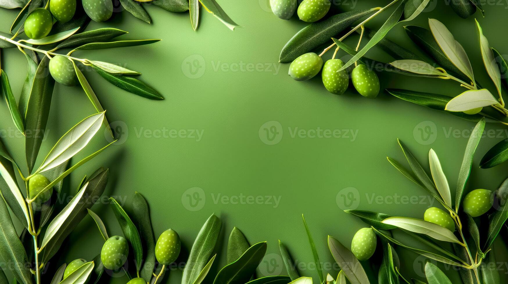 AI Generated Fresh olive branch frame on green background photo