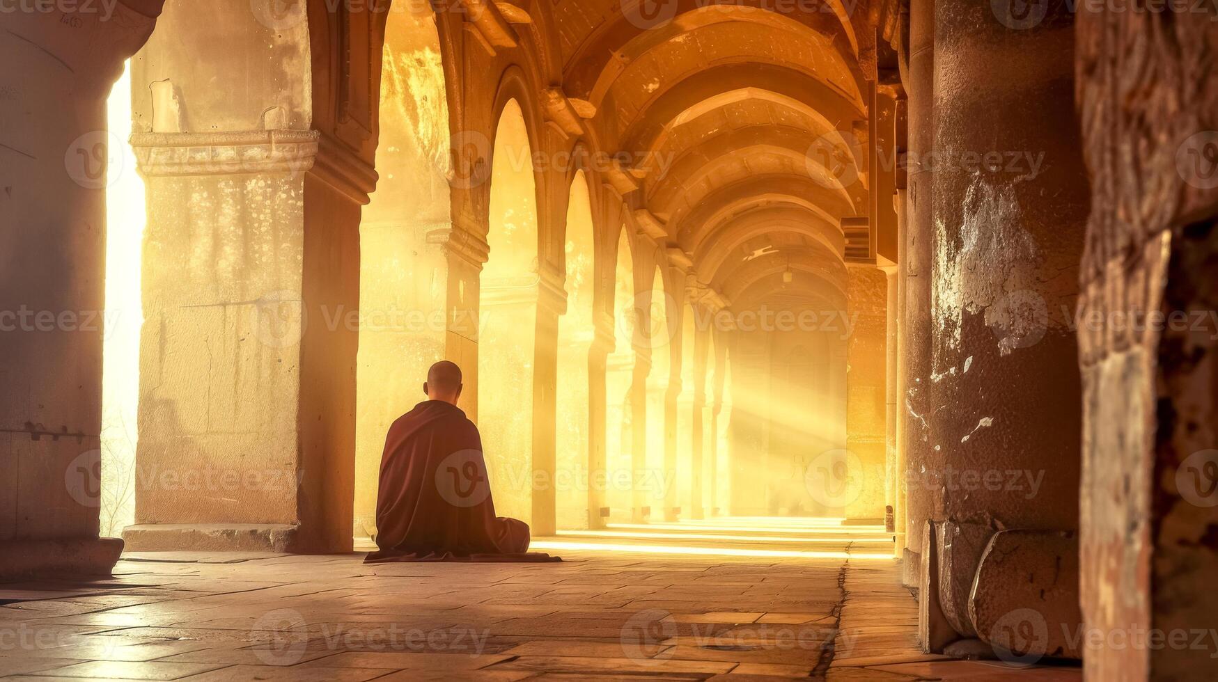 ai generado sereno monje meditación en iluminado por el sol templo corredor foto