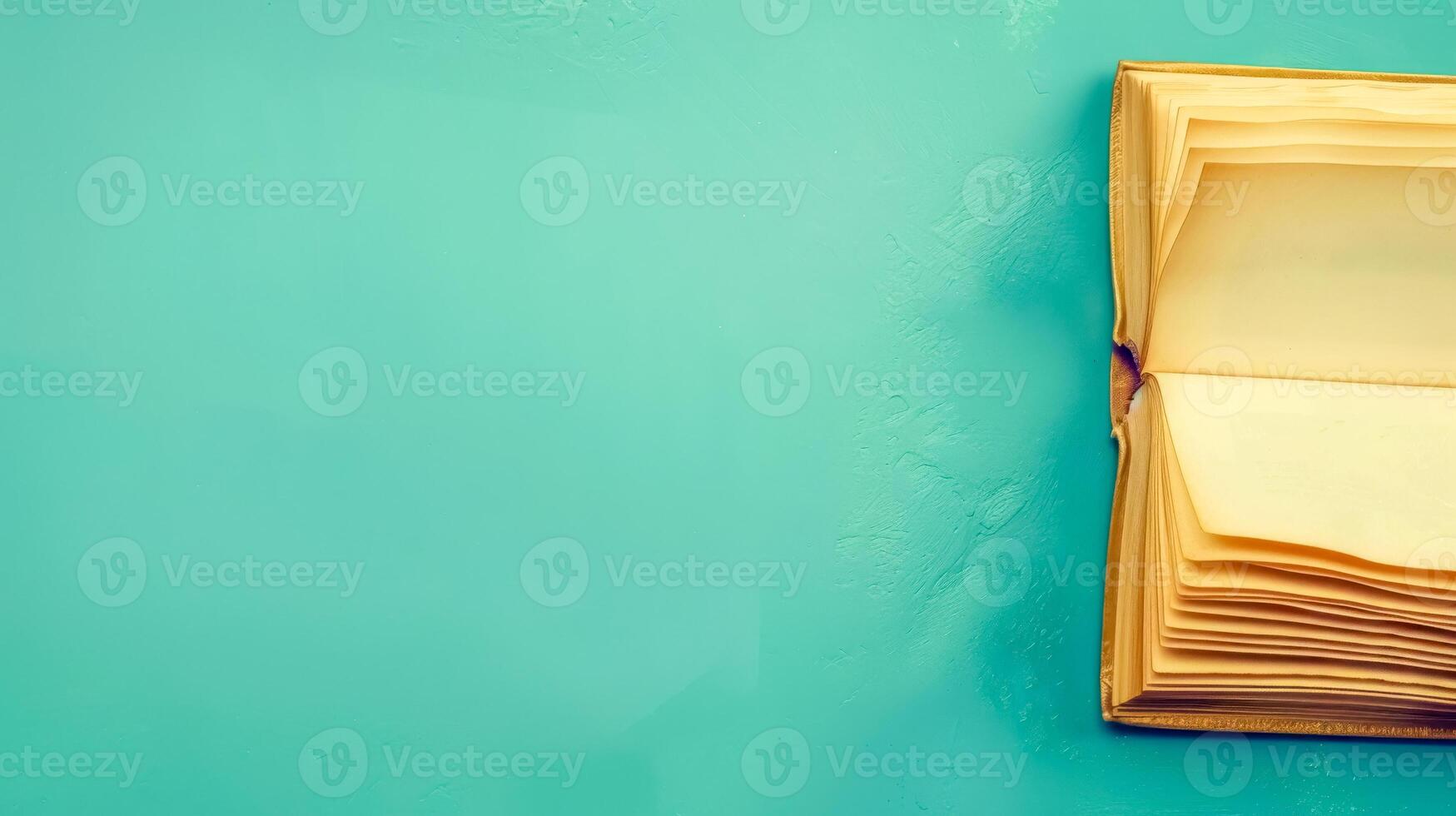 AI Generated Open vintage book on turquoise background photo