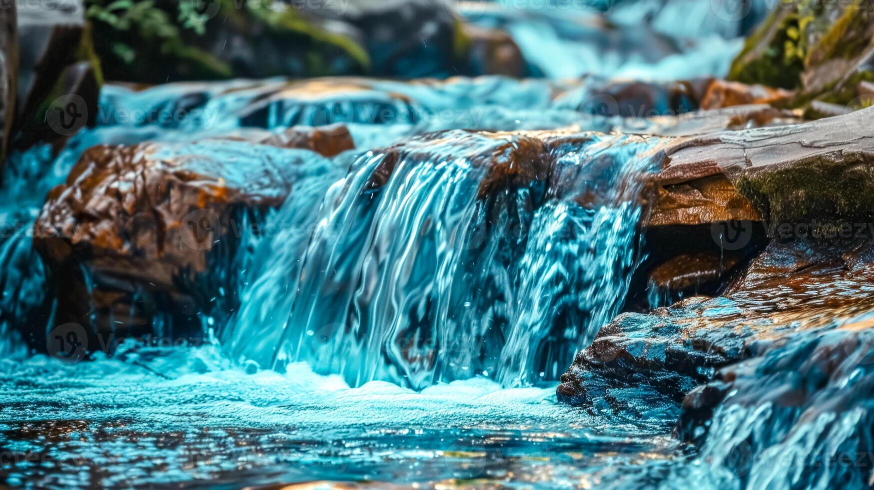 AI Generated Close-up of a small cascading waterfall in a serene forest setting photo