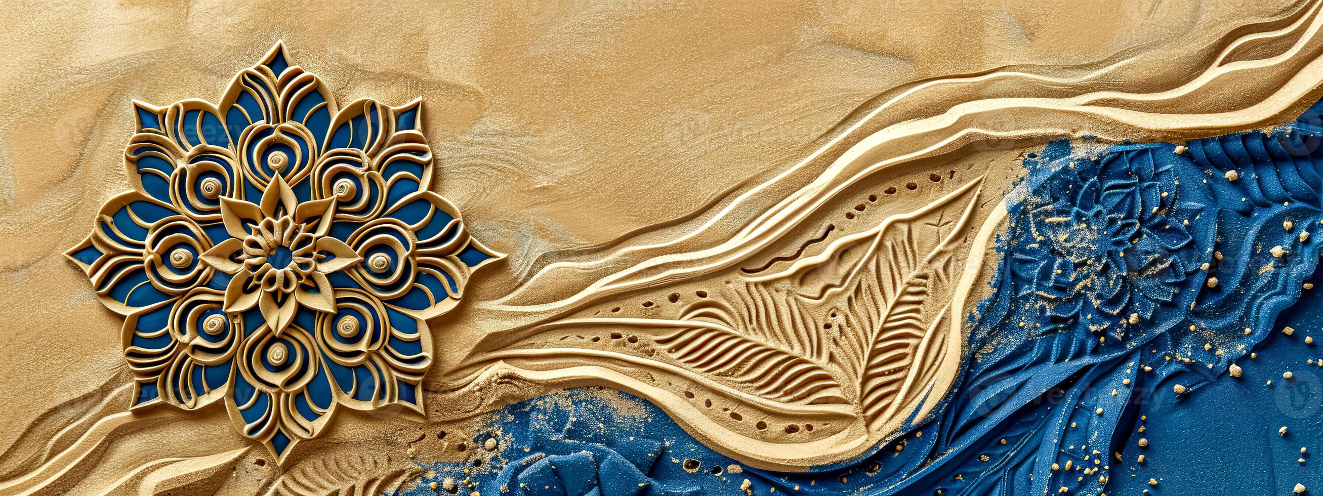 AI Generated Ornate mandala on sand with blue textured fabric photo