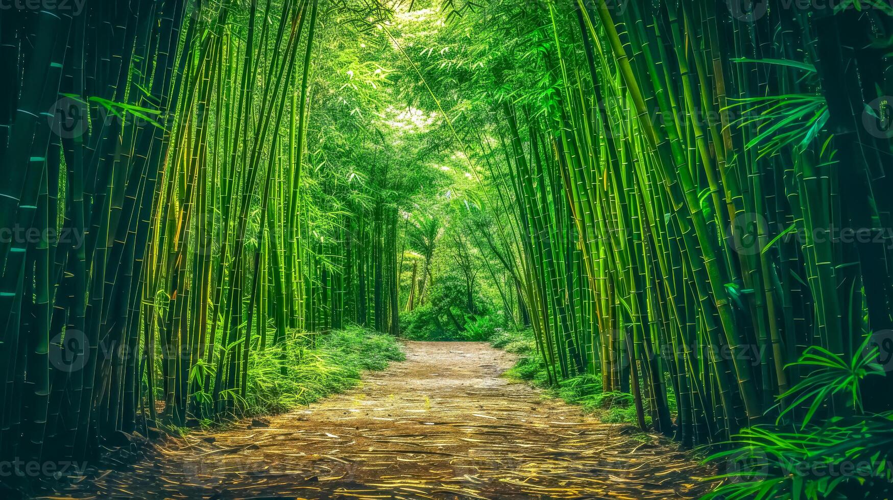 AI Generated Serene pathway through a mystical bamboo forest radiating with vibrant green hues photo