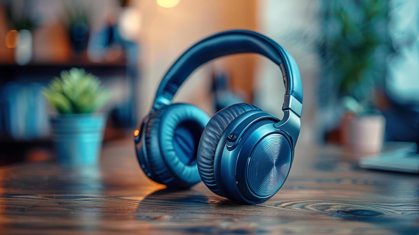 AI generated Headphones Resting on Wooden Table photo