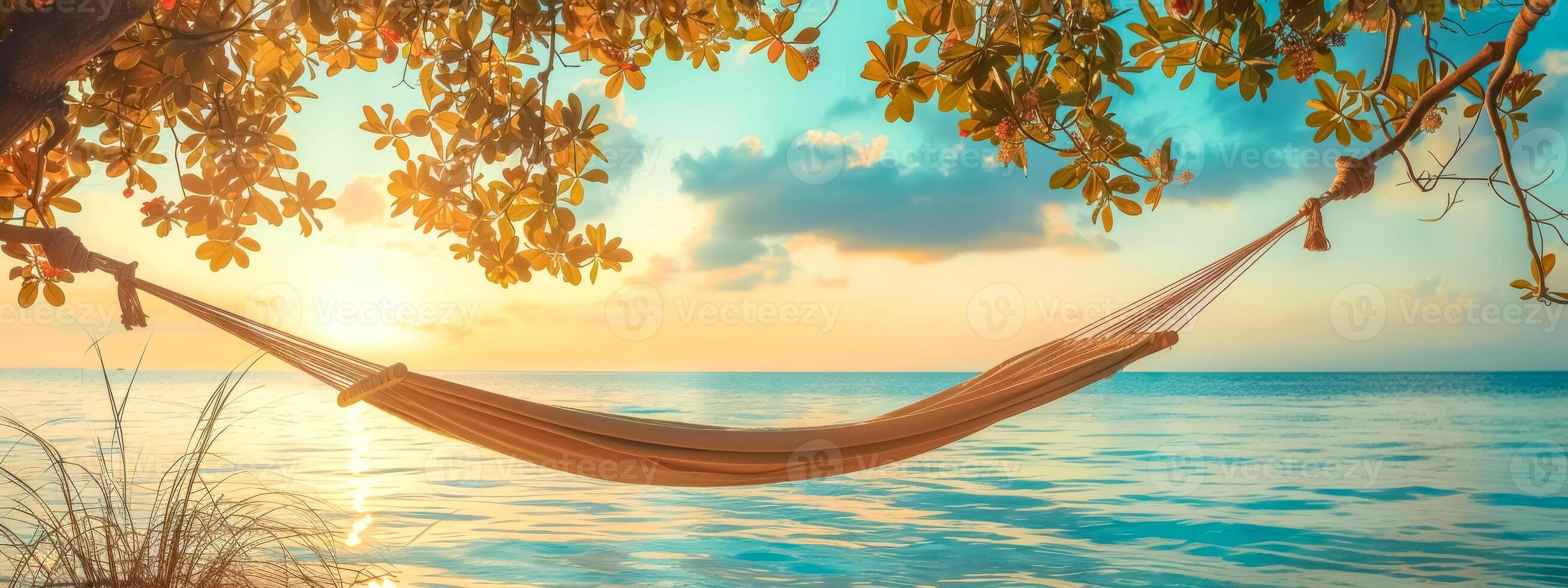 AI Generated Serene beach hammock at sunset photo