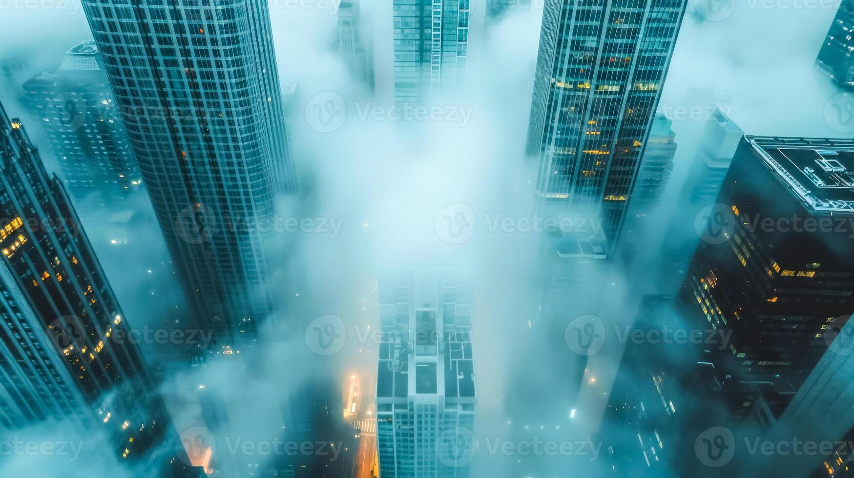 AI Generated Aerial shot of skyscrapers shrouded in dense fog, creating a mysterious urban scene photo