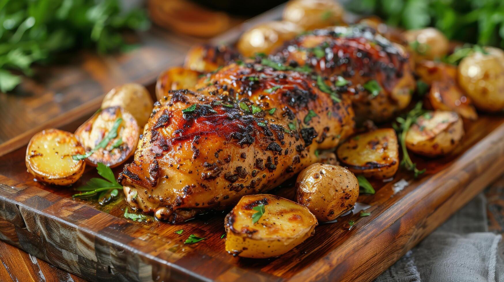 ai generado asado pollo y patatas en de madera plato foto