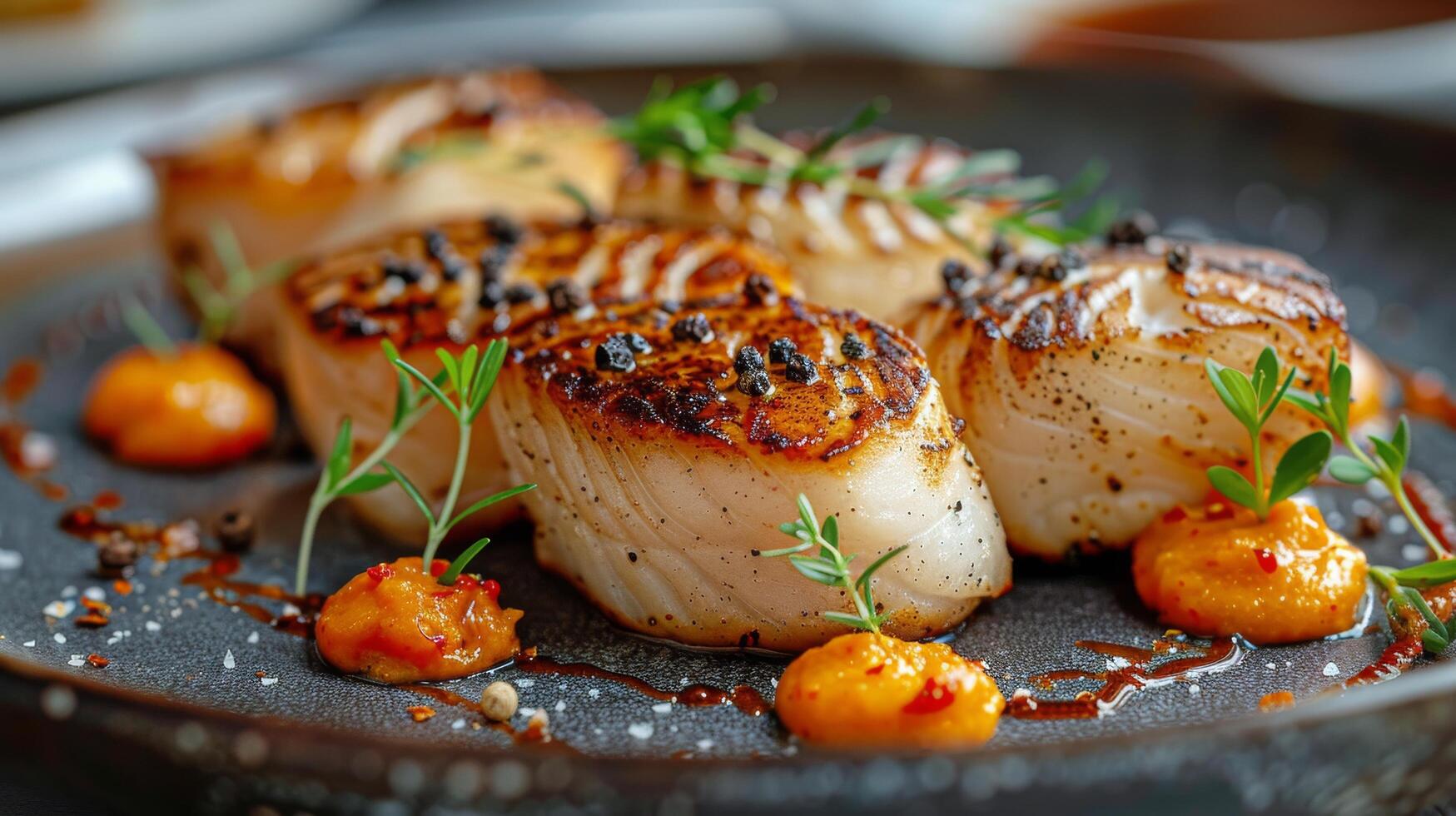 ai generado blanco plato con pescado filete foto