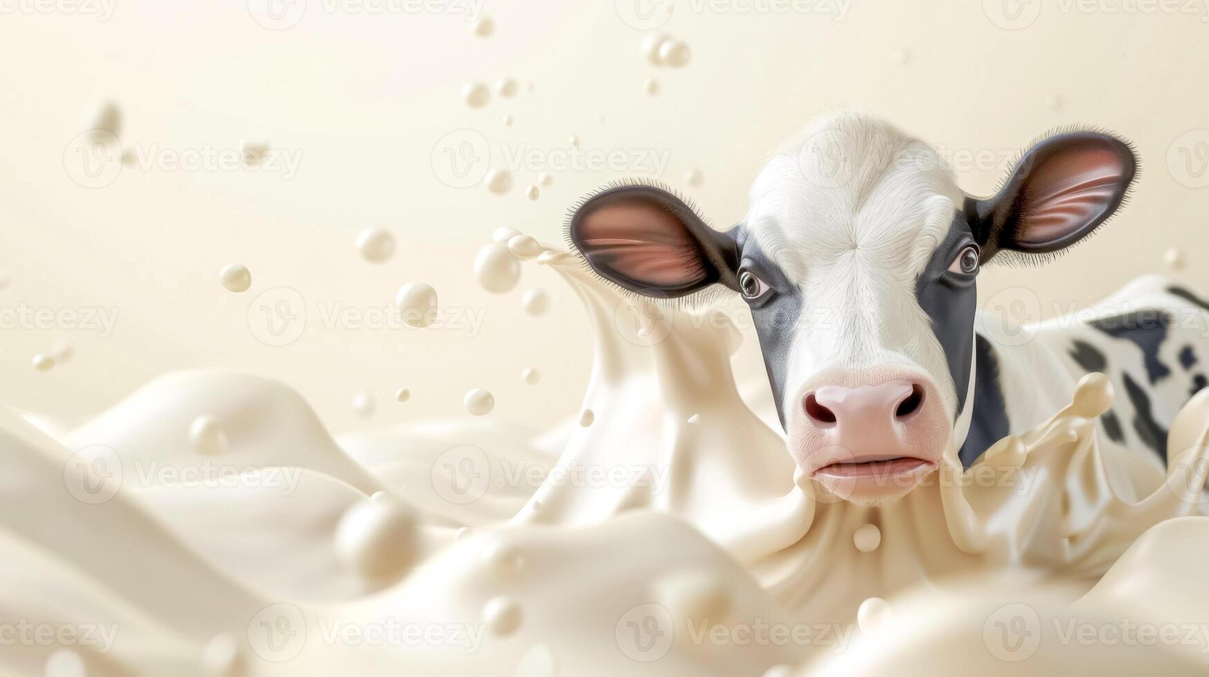 AI Generated Playful cow in splashing milk photo