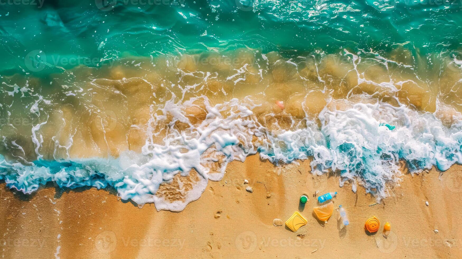 AI Generated Aerial view of pristine beach with colorful toys photo