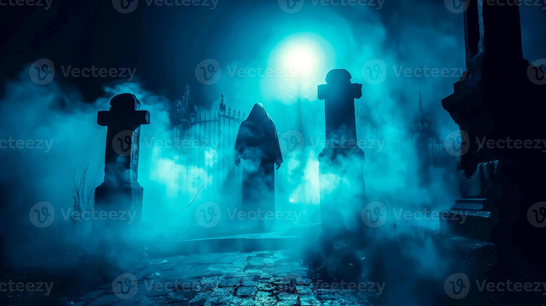 AI Generated Mysterious foggy cemetery at night photo