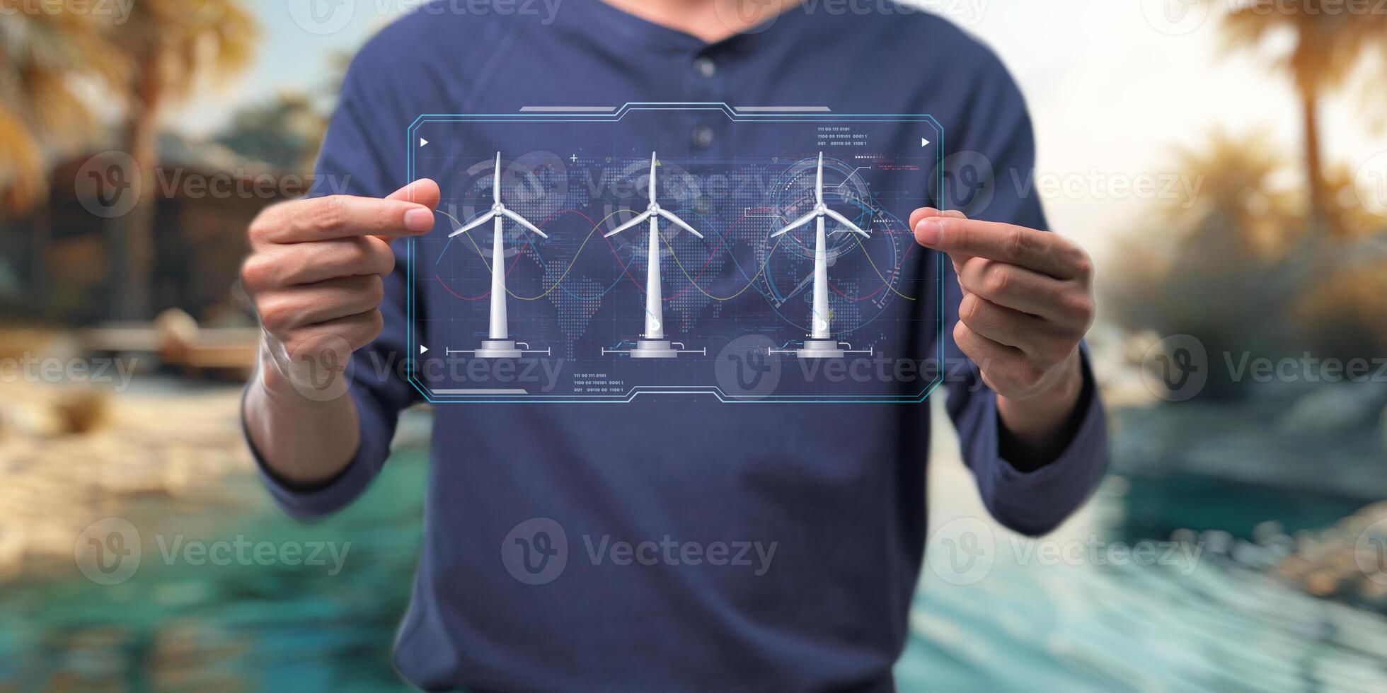 hologram screen Humans controlling the system Wind turbines produce electricity. Eco queue, clean energy from nature. photo