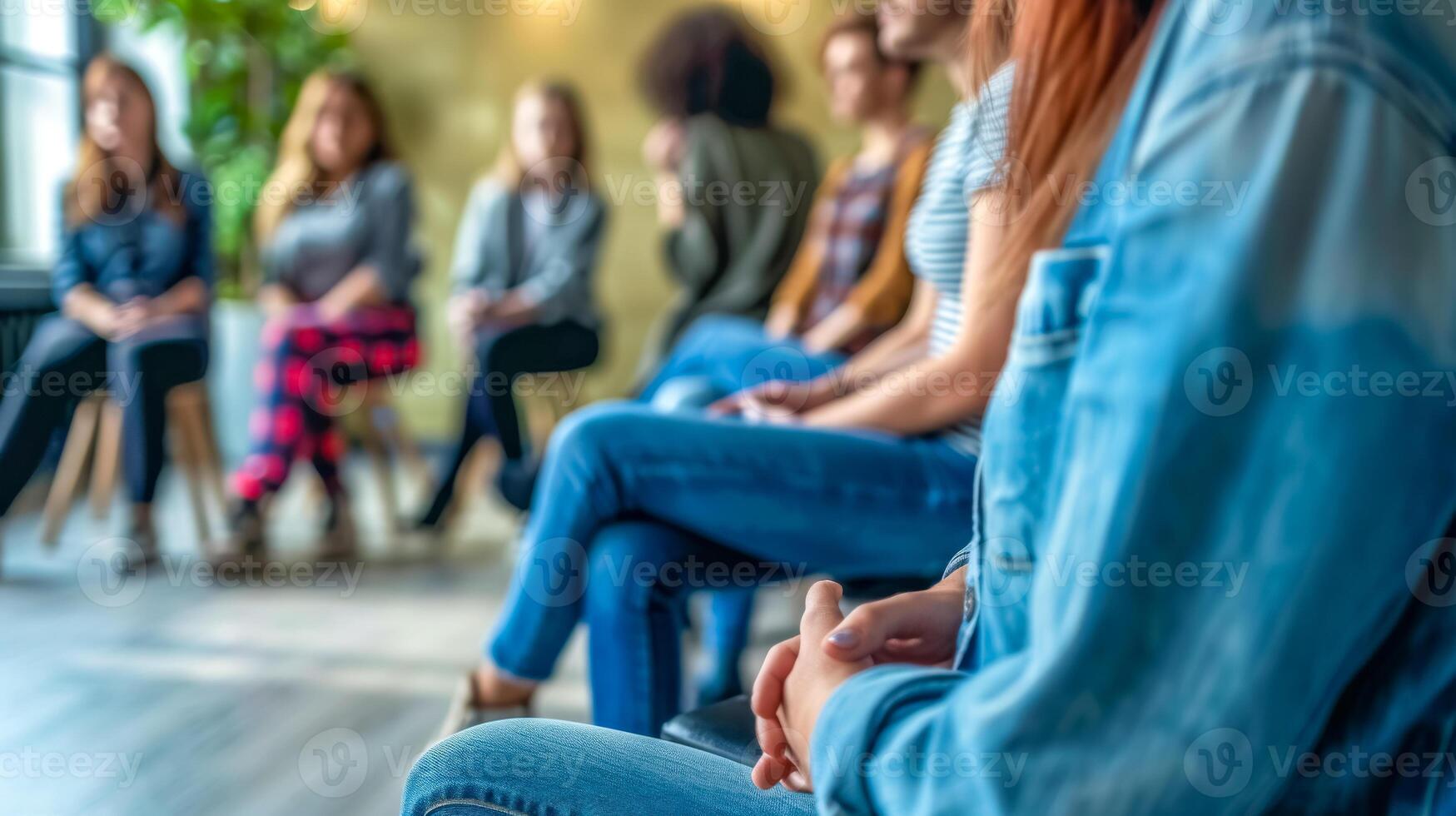 AI Generated Close-up shot of participant at group meeting with blurred background photo