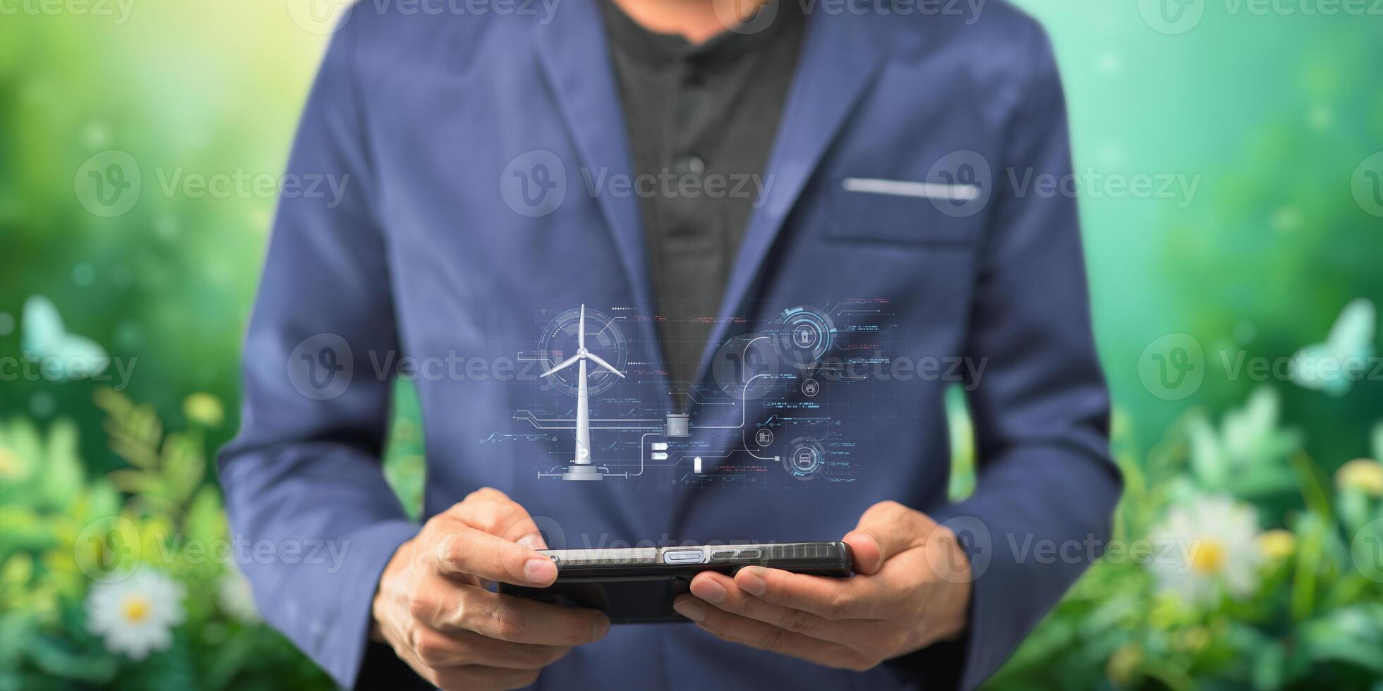 hologram screen Humans controlling the system Wind turbines produce electricity. Eco queue, clean energy from nature. photo