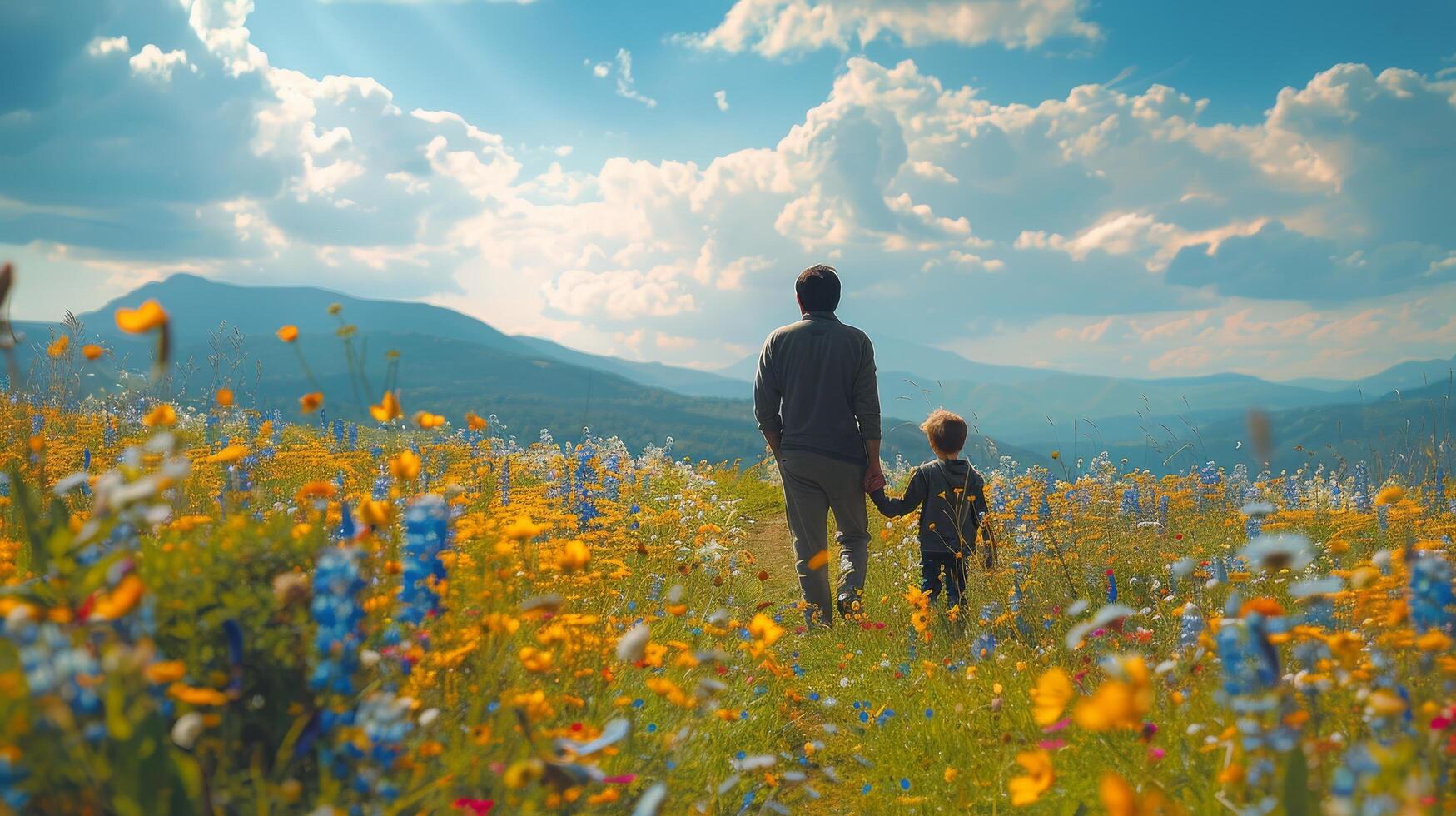 AI generated Man and Child Walking Through Field of Flowers photo