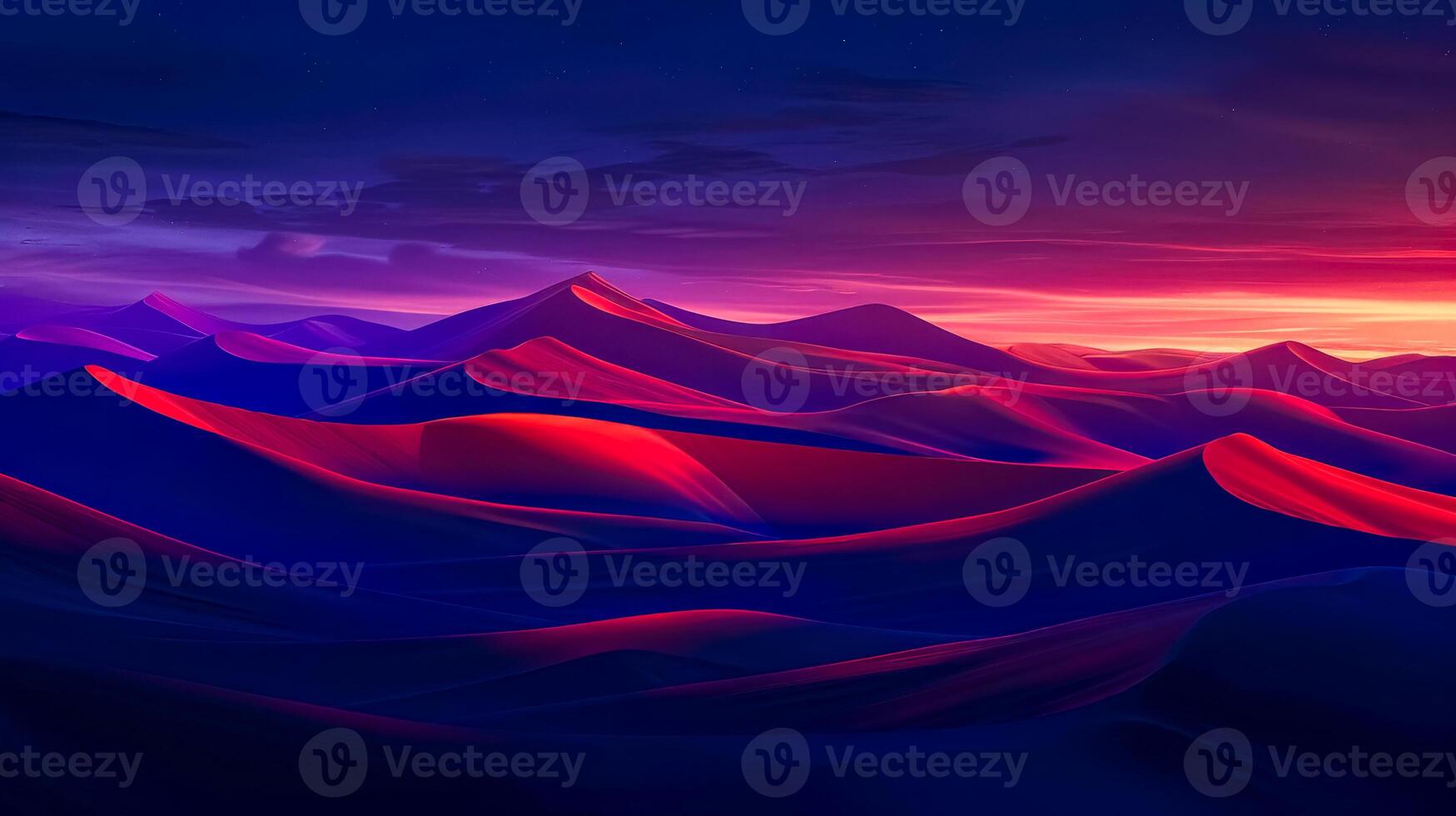 AI Generated Digital art of serene desert dunes under a vivid twilight sky photo