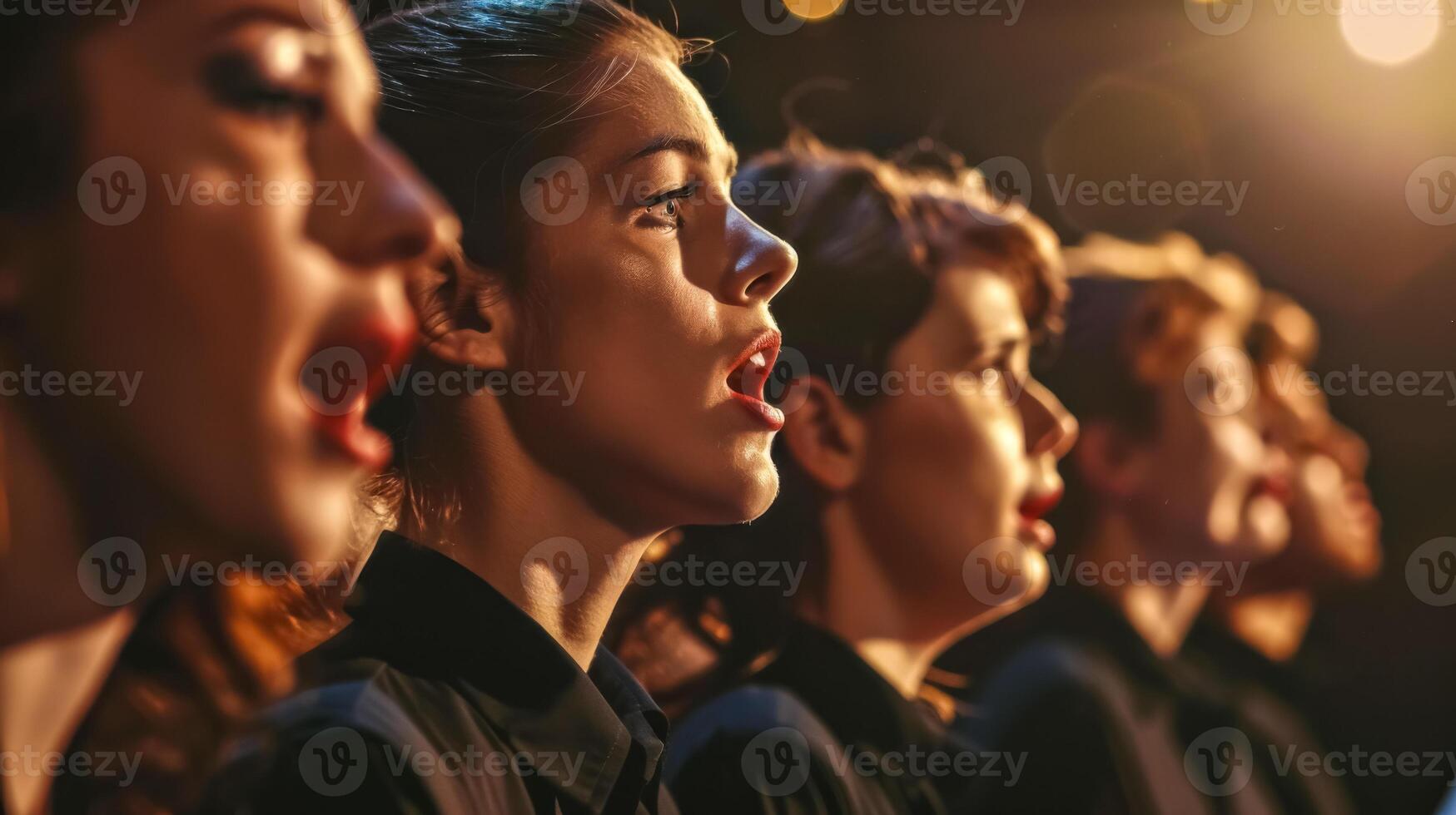 AI Generated Profile view of a female choir singing passionately on stage under warm lighting photo