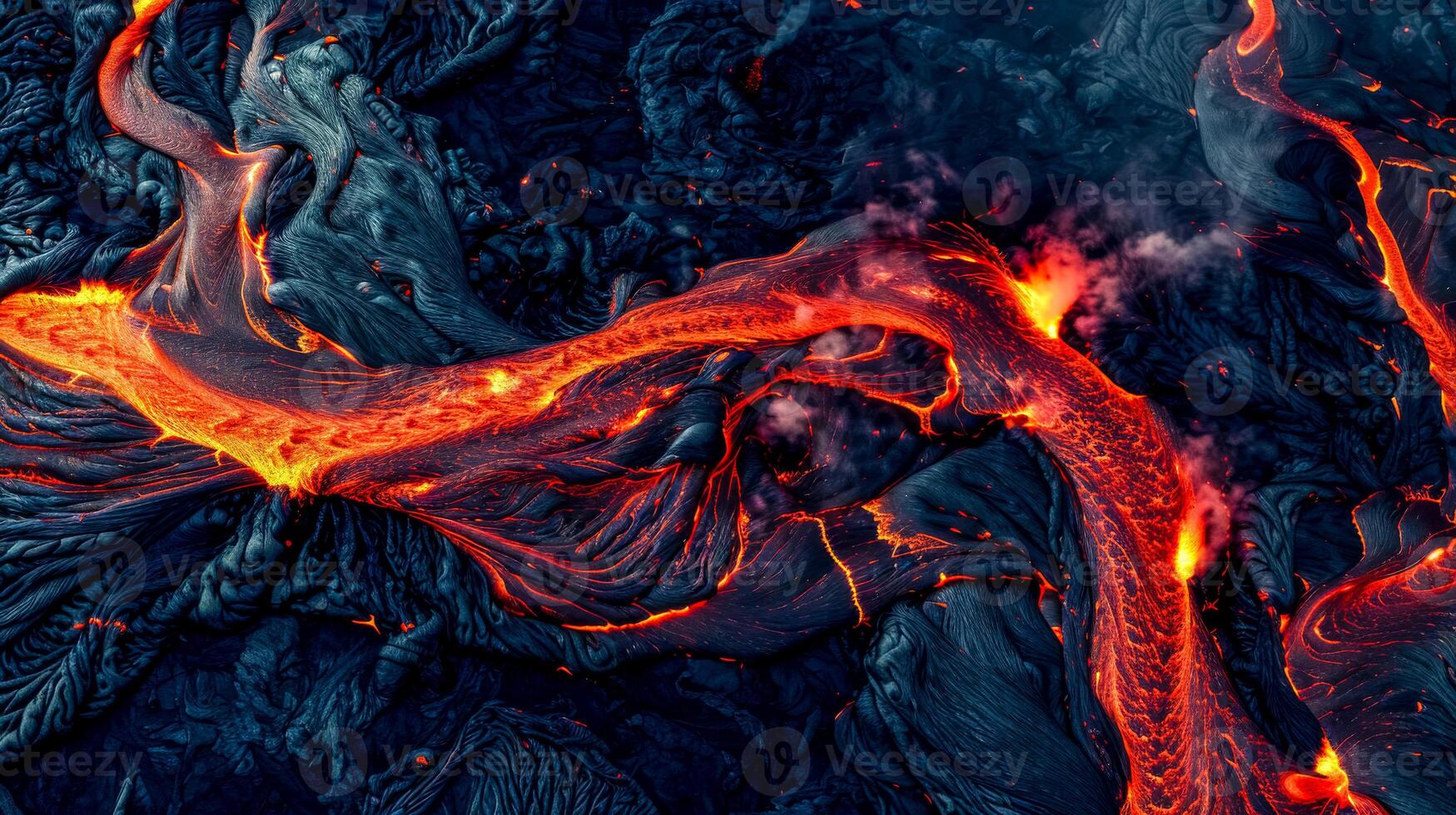 AI Generated Vibrant image capturing the intricate patterns of a flowing lava river photo