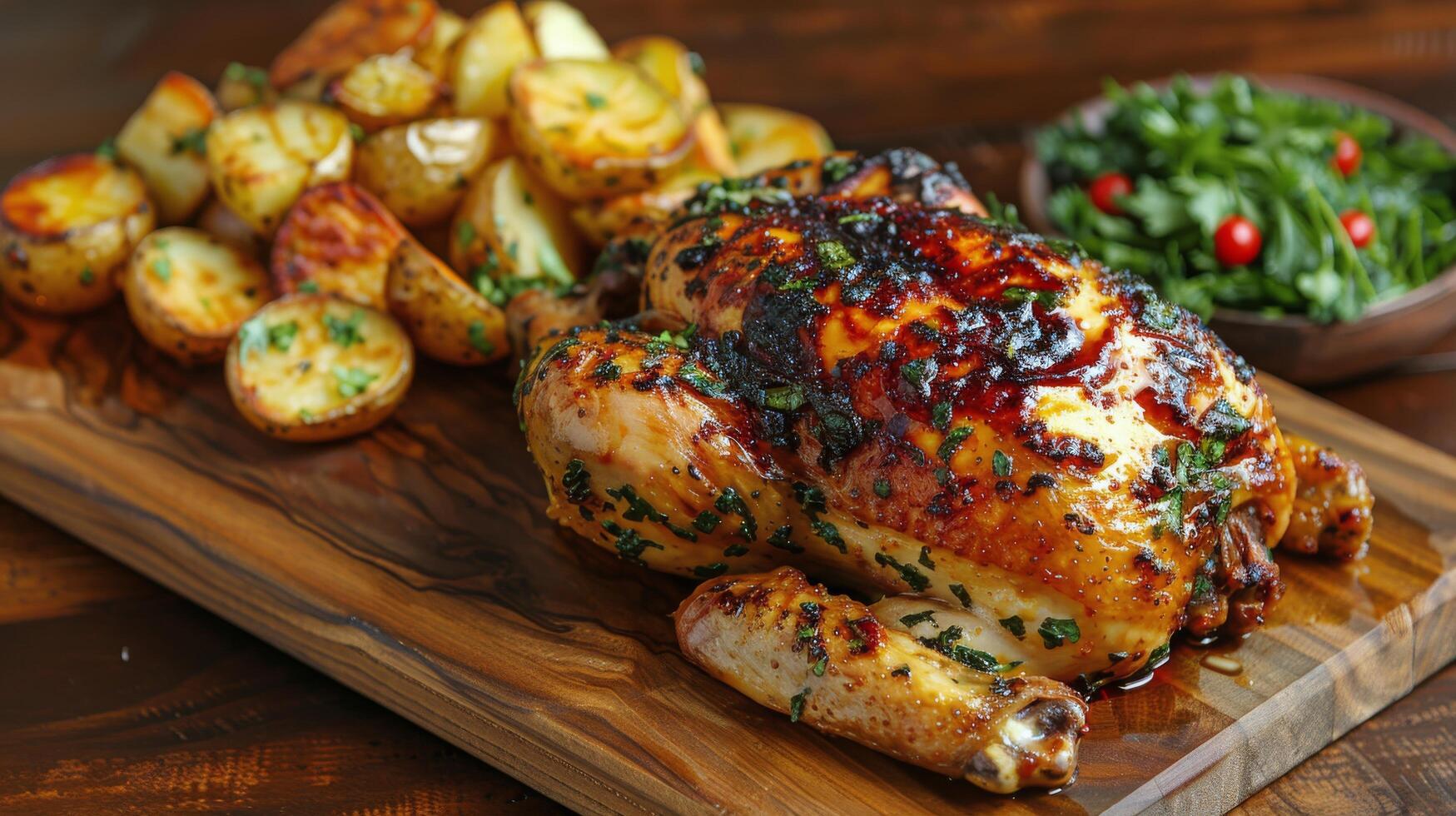 AI generated Roasted Chicken and Potatoes on Wooden Platter photo