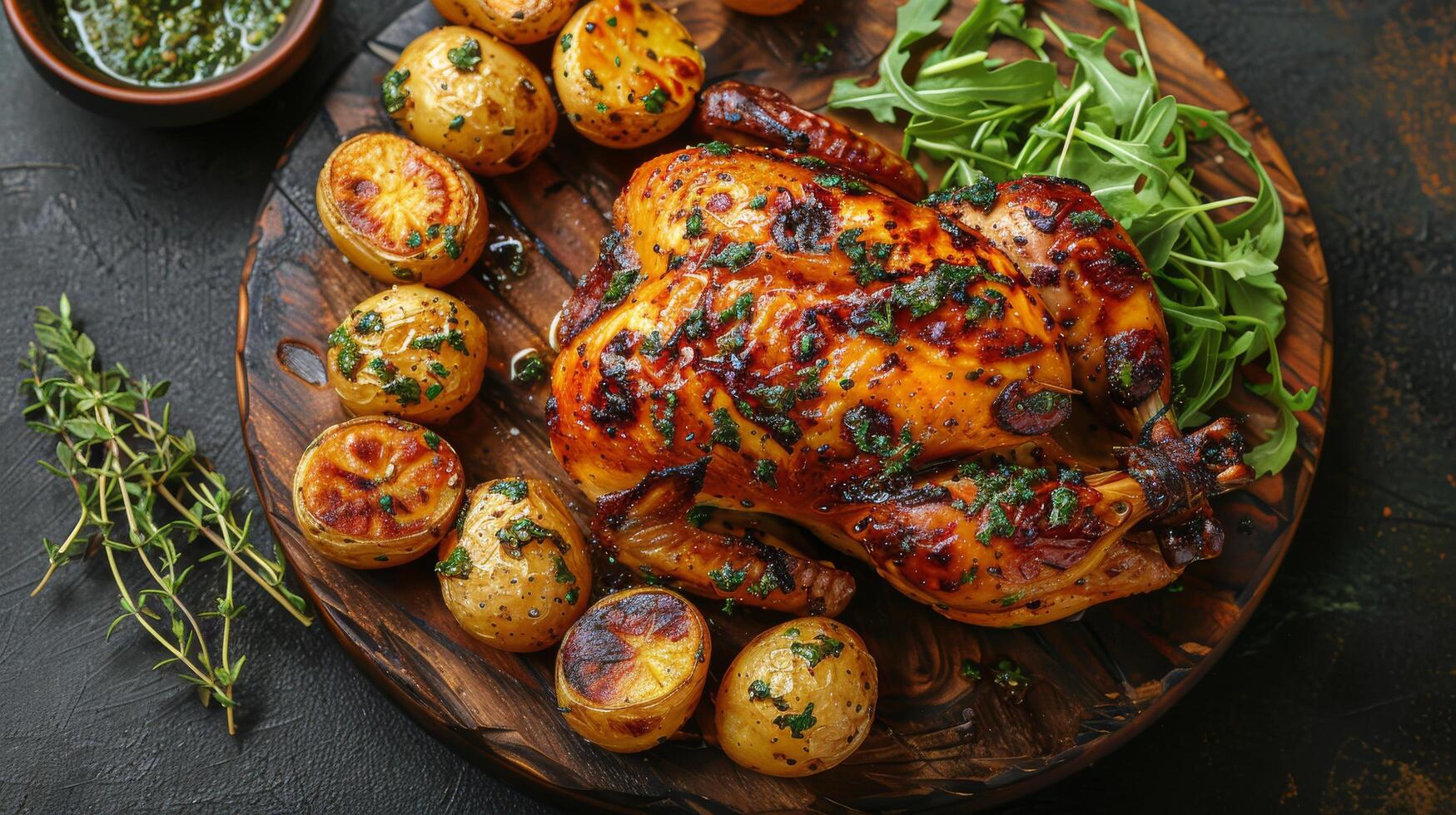 ai generado asado pollo y patatas en de madera plato foto