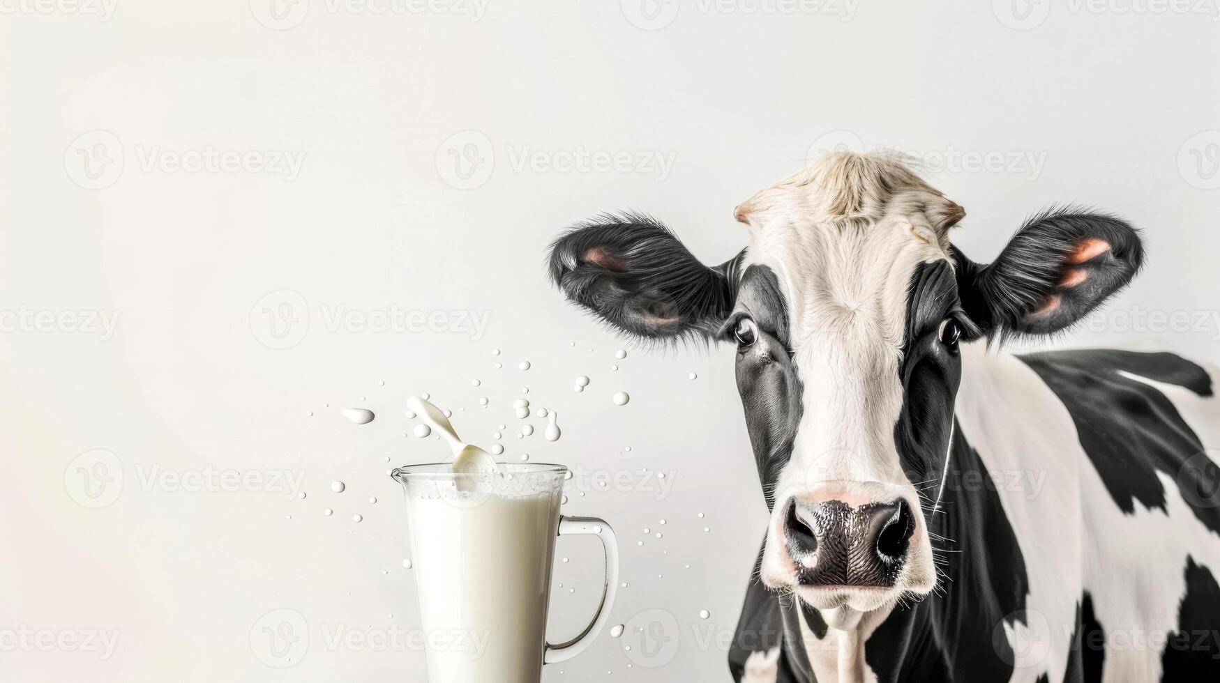ai generado gracioso vaca con salpicaduras Leche vaso en ligero antecedentes foto