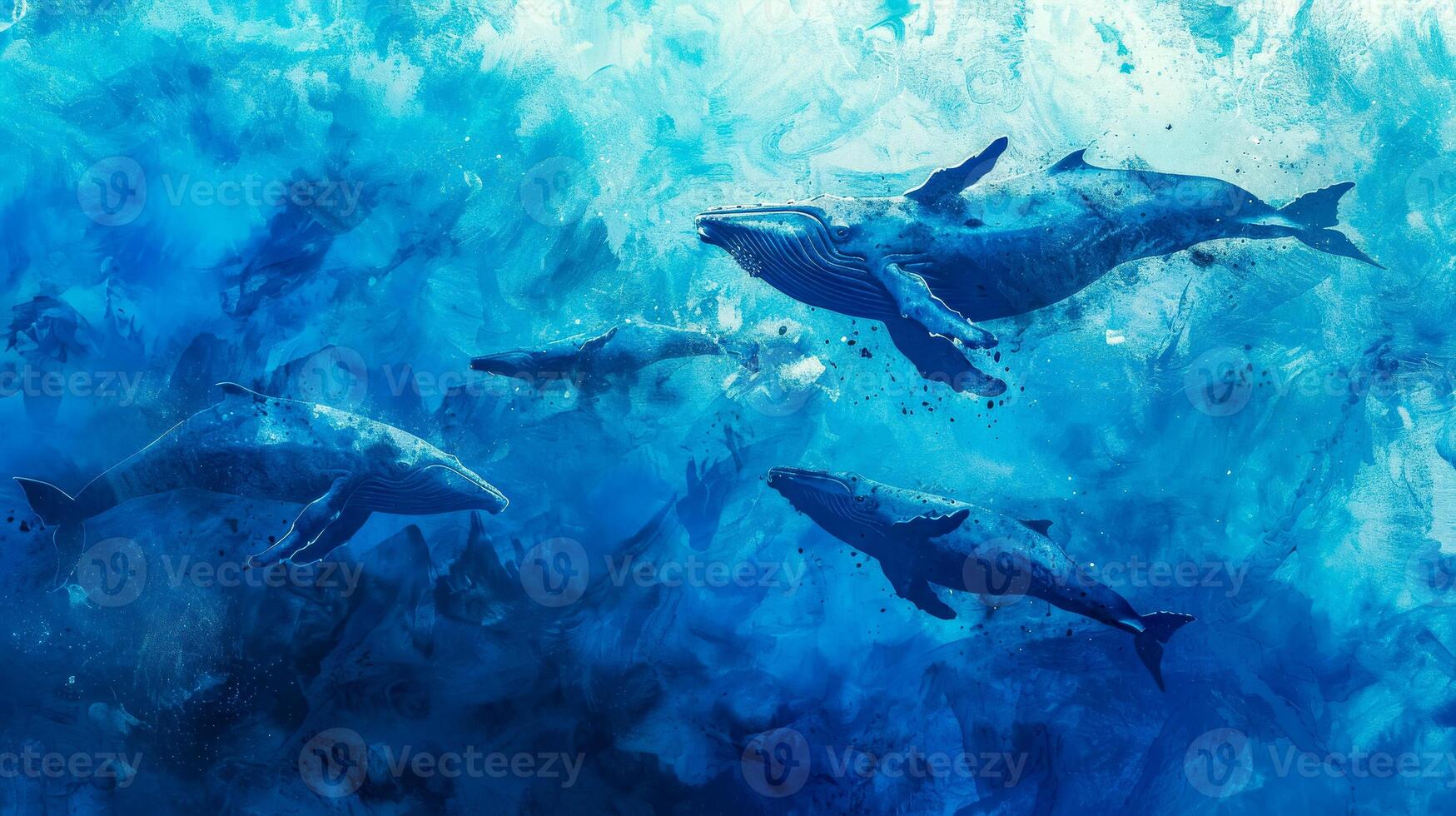 AI Generated Majestic whales swimming in deep ocean blues photo