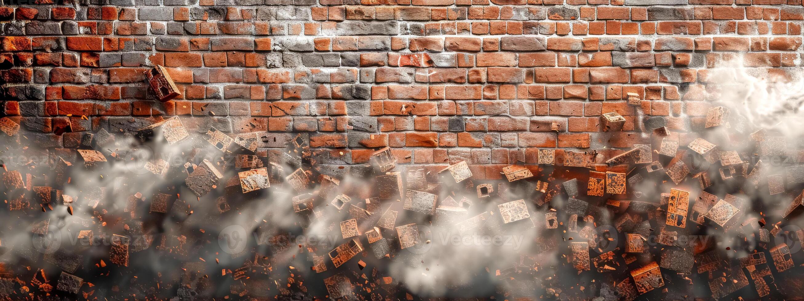 AI Generated Exploding brick wall with flying debris and dust photo