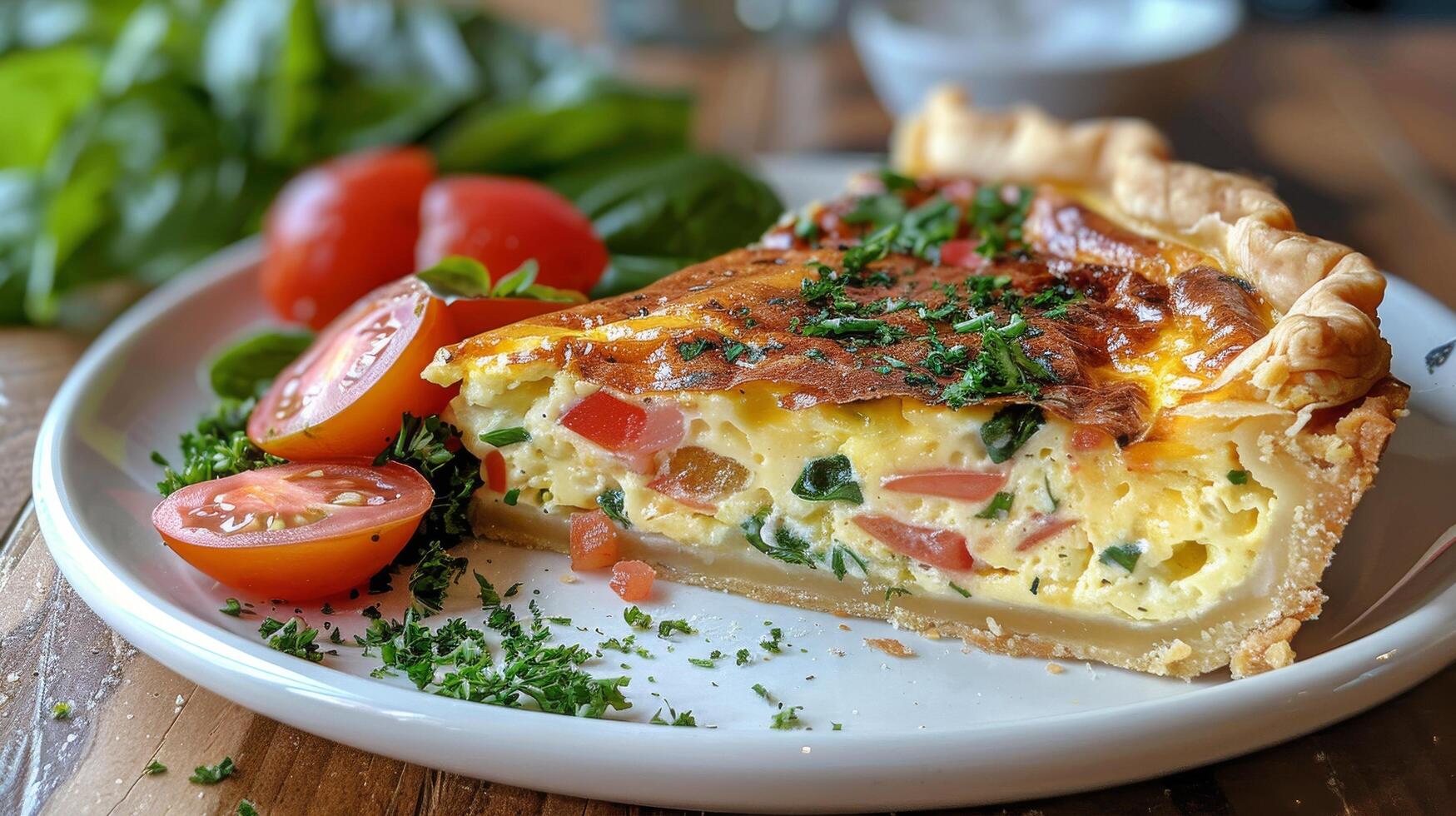 AI generated Close Up of a Slice of Quiche on a Plate photo