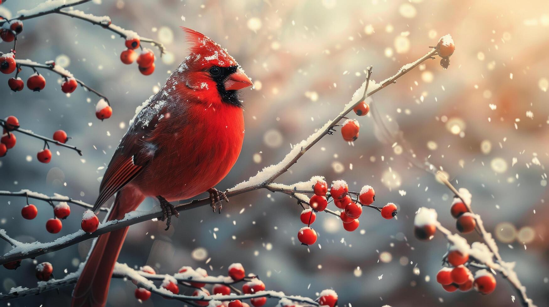 AI generated Red Bird Perched on Snow-Covered Tree Branch photo