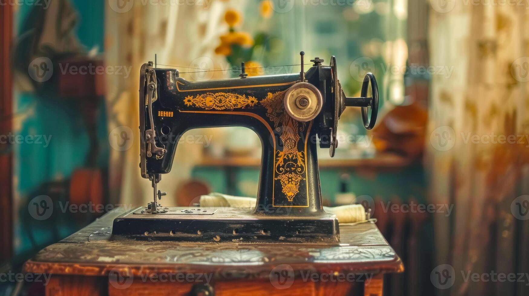 AI Generated Vintage sewing machine on wooden table photo