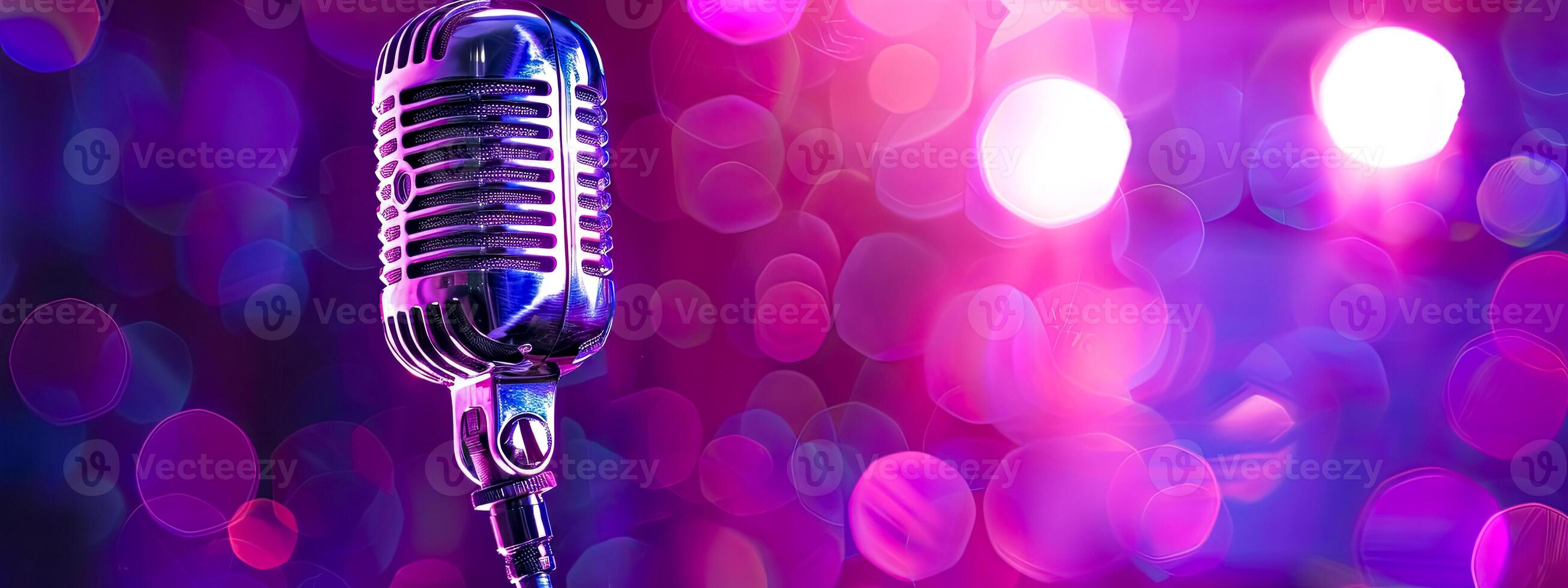 AI Generated Vintage microphone on colorful bokeh background, copy space photo