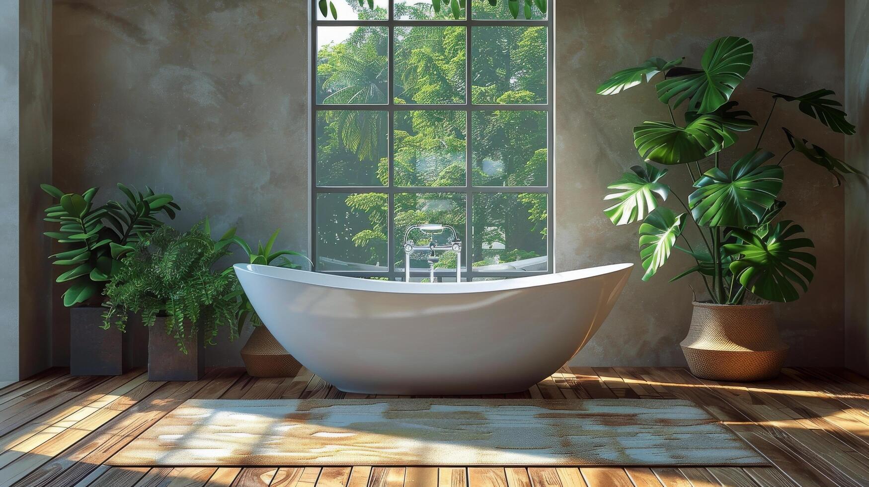 AI generated Bathroom With Tub, Potted Plants, and Window photo