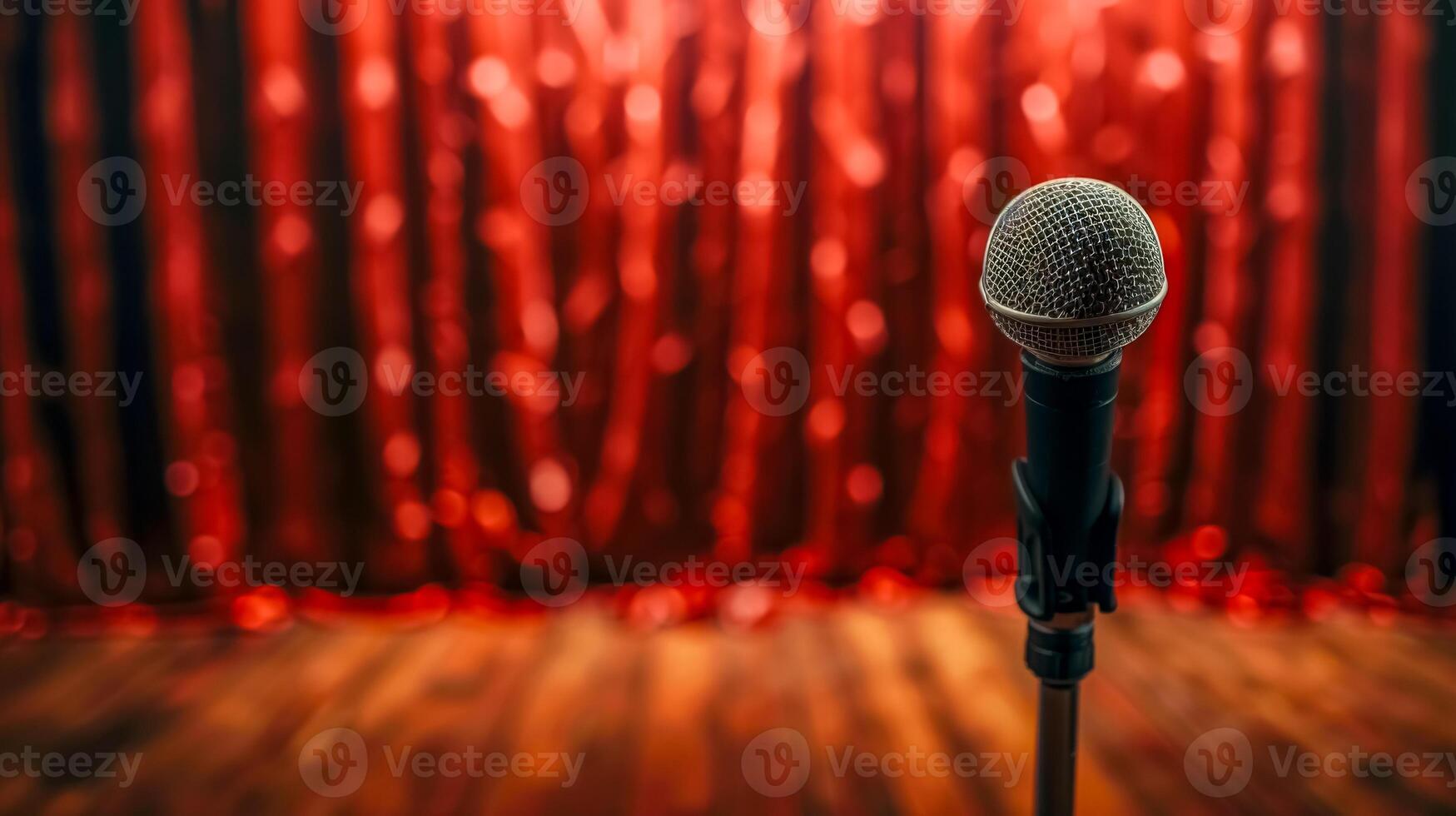 AI Generated Stand-up stage mic on red curtain backdrop photo